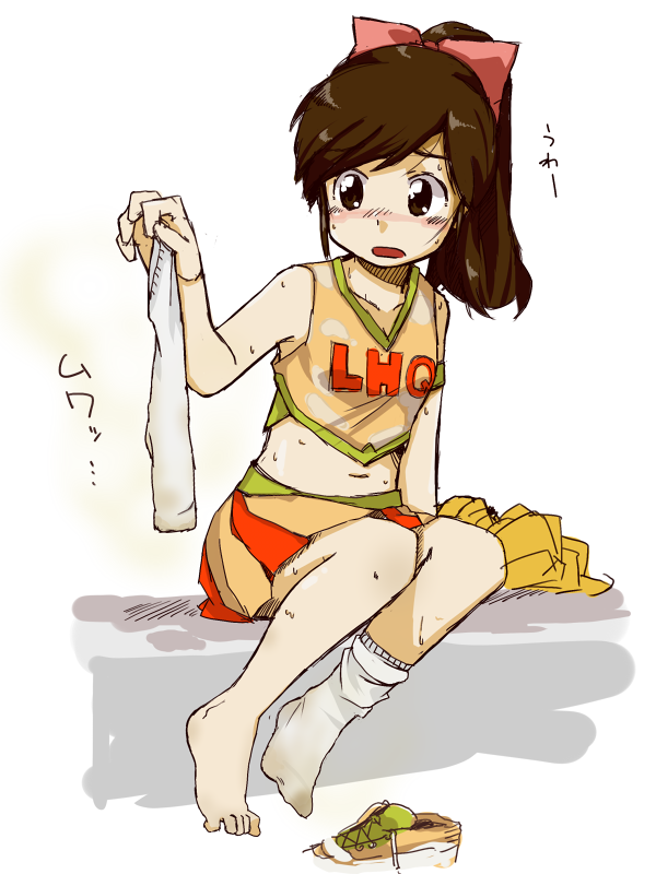 sterndorf, lhq, original, 1girl, barefoot, blush, brown eyes, brown hair, cheerleader, feet, female focus, midriff, pom pom (cheerleading), ponytail, single sock, skirt, smell, socks, solo, toes