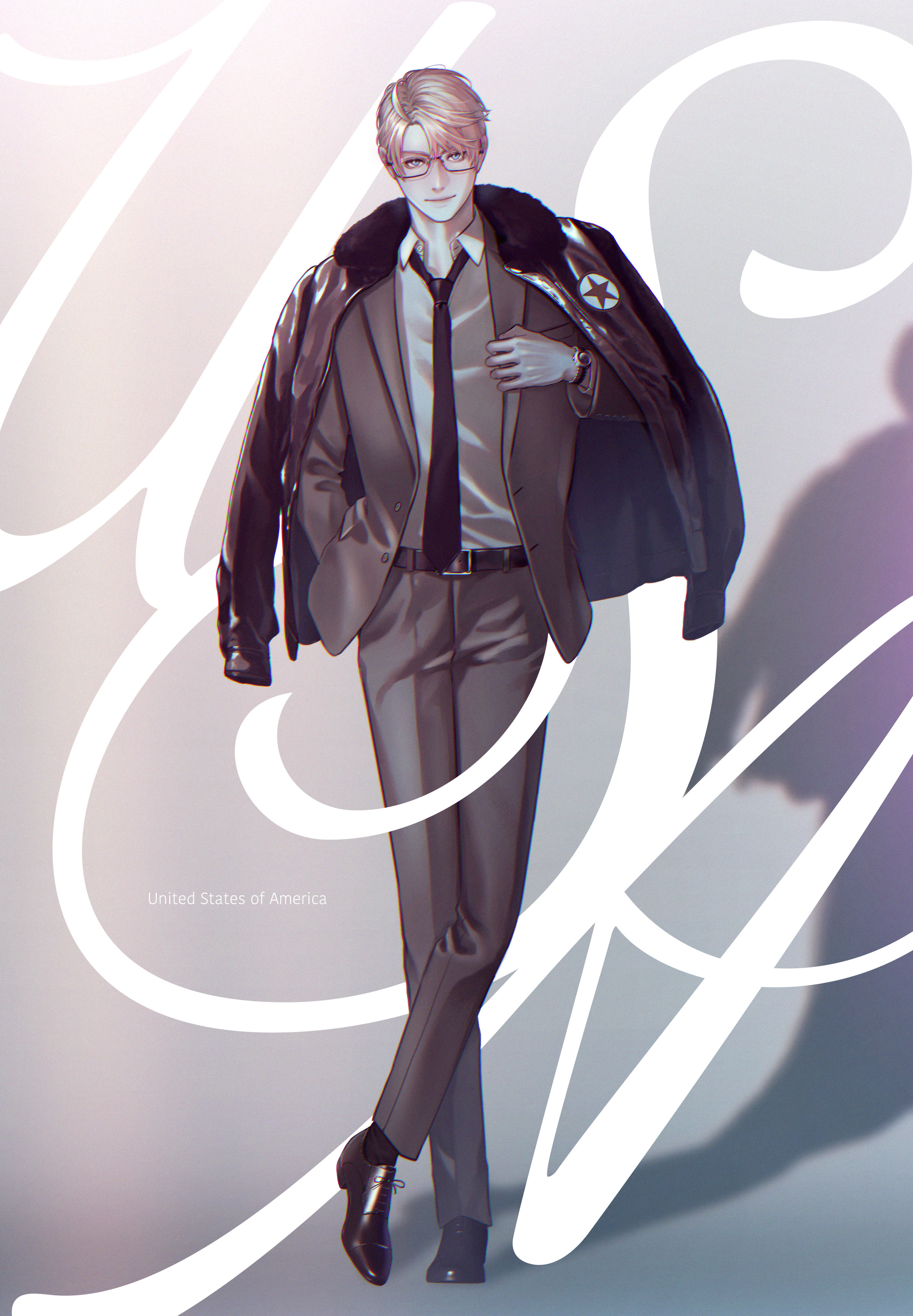 npyon, america (hetalia), axis powers hetalia, absurdres, commentary, highres, symbol-only commentary, 1boy, ahoge, belt, black-framed eyewear, black belt, black necktie, black shoes, black socks, blonde hair, blue eyes, brown jacket, brown pants, buttons, character name, closed mouth, collared shirt, crossed legs, formal clothes, full body, fur-trimmed jacket, fur trim, glasses, grey background, hair between eyes, hand in pocket, hand up, jacket, lapels, long sleeves, looking at viewer, male focus, military jacket, necktie, open clothes, open jacket, pants, puffy long sleeves, puffy sleeves, semi-rimless eyewear, shadow, shirt, shoes, short hair, smile, socks, solo, standing, star (symbol), star print, suit, suit jacket, text background, watch, white shirt, wristwatch