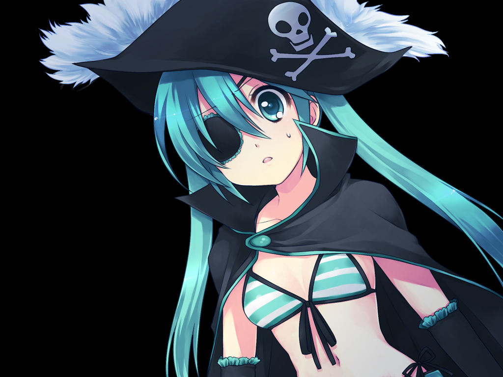 usashiro mani, hatsune miku, vocaloid, bad id, bad pixiv id, 1girl, aqua eyes, aqua hair, bikini, bikini top only, blue eyes, blue hair, detached sleeves, eyepatch, female focus, front-tie top, hat, long hair, matching hair/eyes, pirate, pirate hat, skull and crossbones, solo, swimsuit, twintails