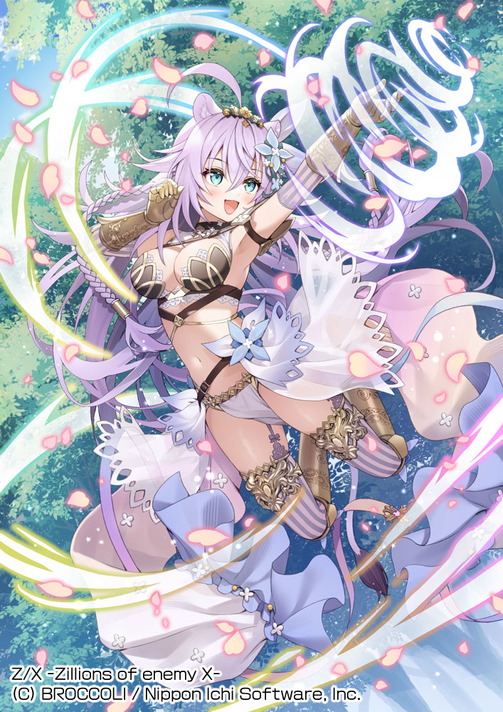 okanoyuno, z/x, official art, 1girl, animal ear fluff, animal ears, aqua eyes, braid, breasts, copyright notice, flower, hair flower, hair ornament, large breasts, long hair, navel, petals, purple hair, tail, twin braids