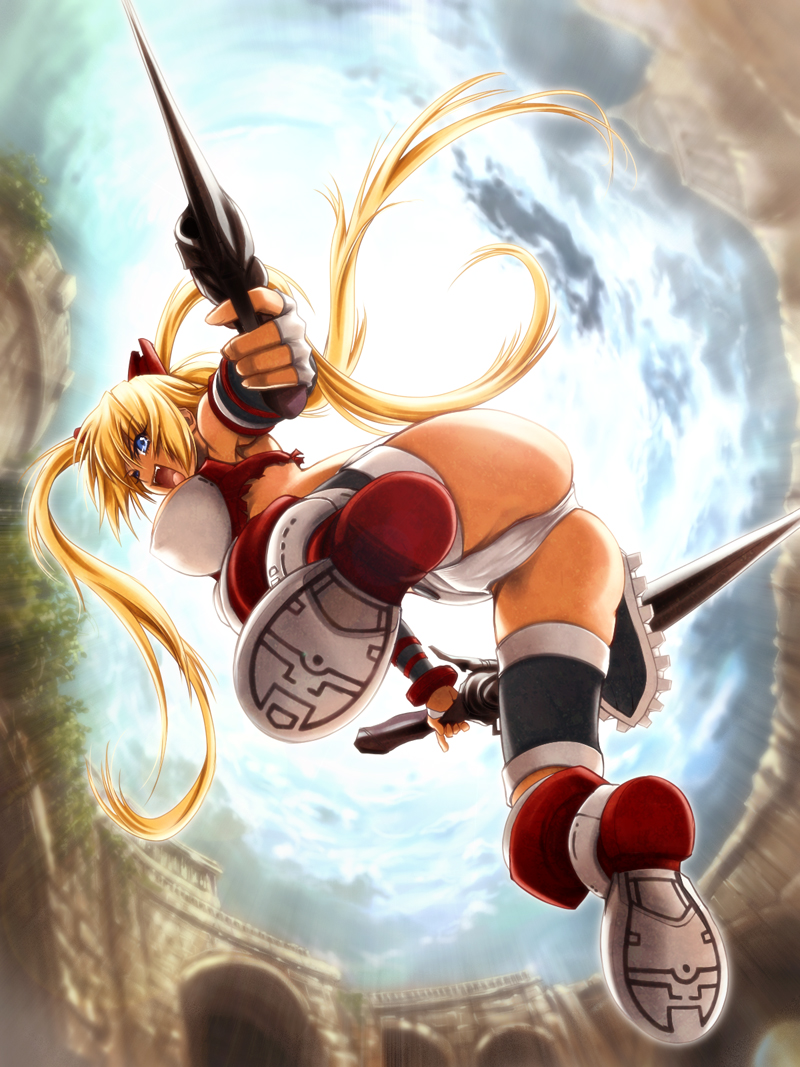 nekonpo, ueda metawo, ayumi (x-blades), x-blades, 1girl, ass, blonde hair, blue eyes, boots, breasts, dual wielding, fang, female focus, fingerless gloves, from below, gloves, holding, jumping, large breasts, legs, long hair, looking down, open mouth, solo, sword, thigh strap, torn clothes, tri tails, very long hair, weapon