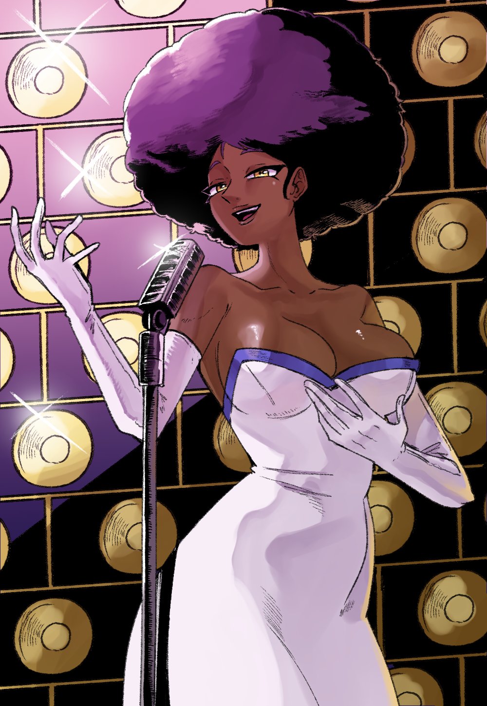 wanderjegson, shihouin yoruichi, bleach, highres, 1girl, afro, bare shoulders, breasts, cleavage, dark-skinned female, dark skin, dress, gloves, large breasts, looking at viewer, microphone, official alternate costume, official alternate hairstyle, open mouth, purple hair, smile, solo, stage, white dress, white gloves, yellow eyes