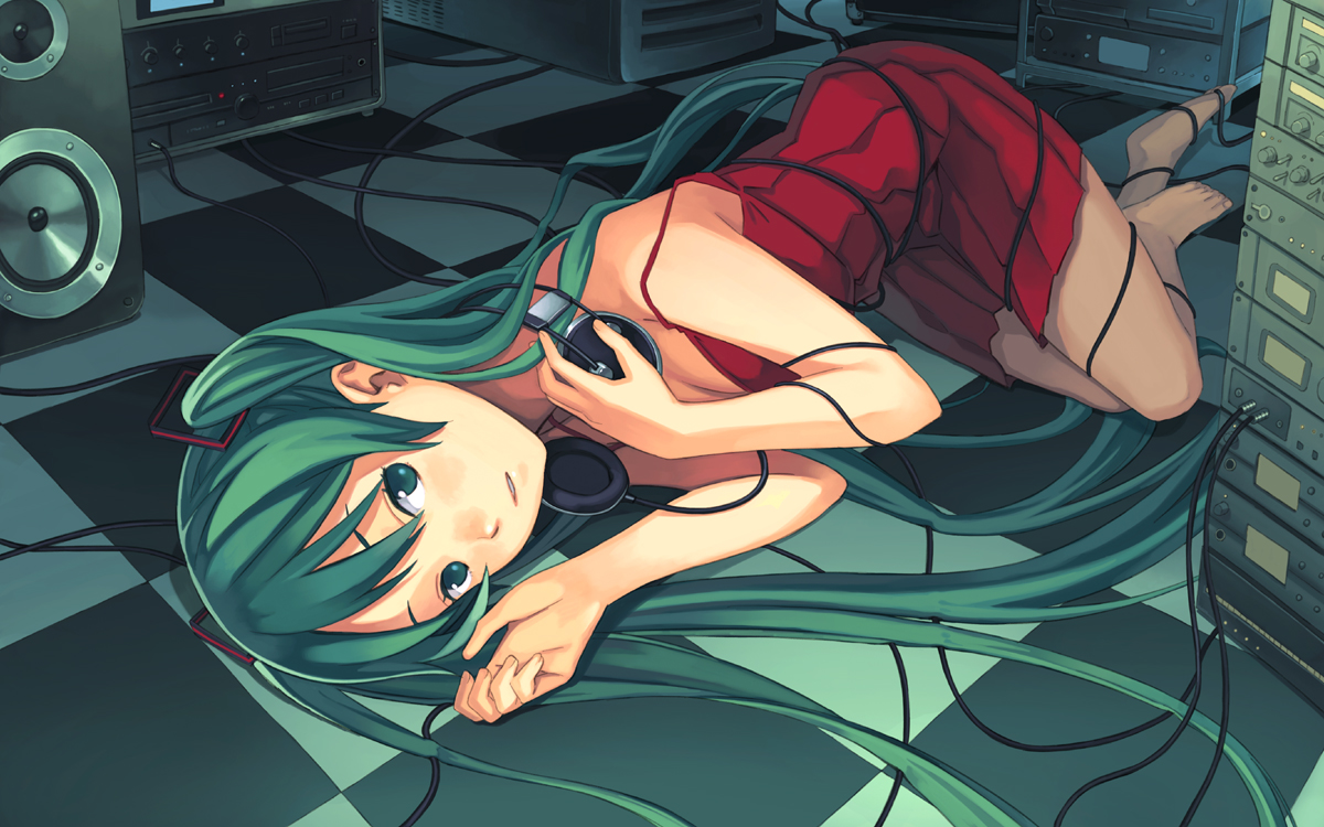 katoh akatsuki, hatsune miku, vocaloid, amplifier, barefoot, cable, dress, green eyes, green hair, headphones, long hair, lying, solo