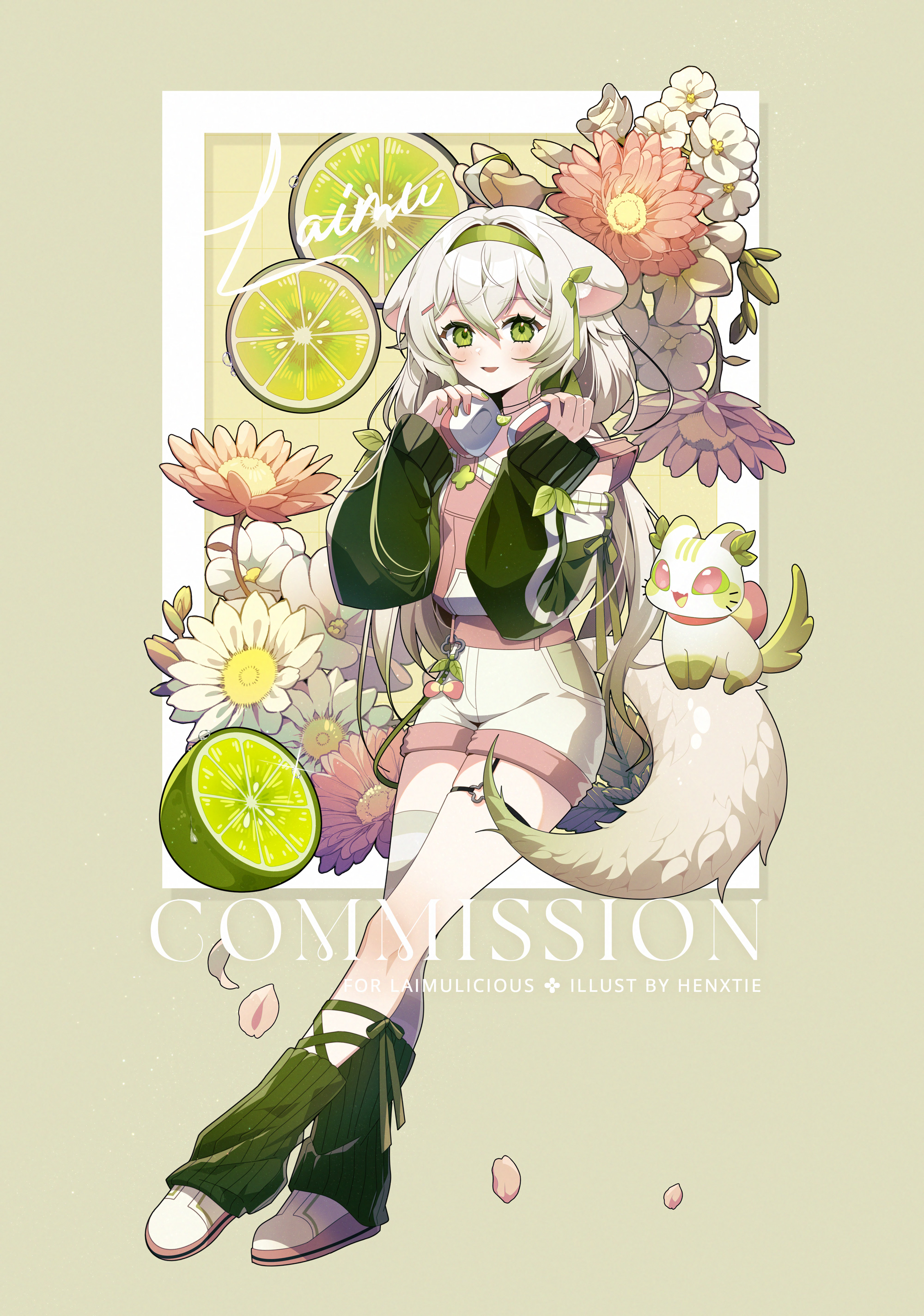 hen-tie, laimu (vtuber), indie virtual youtuber, absurdres, commission, highres, 1girl, animal, animal ears, artist name, character name, falling petals, ferret ears, ferret girl, ferret tail, flower, food, fruit, green eyes, green hairband, green nails, hairband, headphones, headphones around neck, lime (fruit), lime slice, long sleeves, multicolored nails, open mouth, petals, pink flower, pink nails, shoes, virtual youtuber, white flower, white hair, white shoes