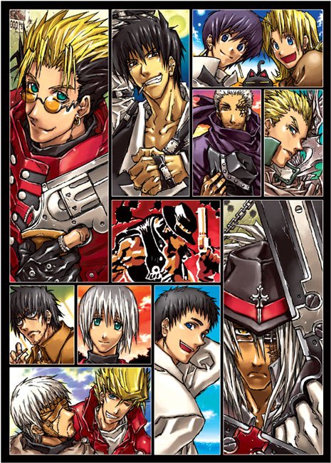 asato, asagi mika, beyond the grave, gazelle the peacemaker, harry macdowell, kabane jyuji, kugashira bunji, kuroneko (trigun), livio the doublefang, meryl strife, meryl stryfe, millions knives, milly thompson, nicholas d. wolfwood, rocketbilly redcadillac, vash the stampede, gungrave, trigun, trigun maximum, bad id, bad pixiv id, 00s, 2boys, 3girls, :d, ;d, = =, agl arms .45 long colt, aqua eyes, black cat, black hair, blonde hair, blue eyes, blue hair, border, break-action revolver, brothers, buttons, cat, chain, cigarette, closed eyes, cloud, collage, creator connection, cross, crossover, earrings, everyone, eyepatch, fingerless gloves, frown, gloves, grin, gun, hair between eyes, handgun, hat, head tilt, holding, holding unworn clothes, holding unworn hat, jewelry, long coat, low bore axis revolver, mask, moon, mouth hold, multicolored hair, multiple boys, multiple girls, muscular, night, night sky, one eye closed, open mouth, outdoors, poster (object), revolver, scar, short hair, siblings, sisters, sky, smile, smoking, spiked hair, sunglasses, sunset, tattoo, turtleneck, twins, two-tone hair, unworn hat, unworn headwear, weapon, white hair, yellow eyes