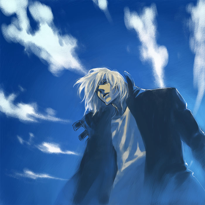 ideissai, beyond the grave, brandon heat, gungrave, 00s, 1boy, coat, dutch angle, male focus, sky, solo, white hair