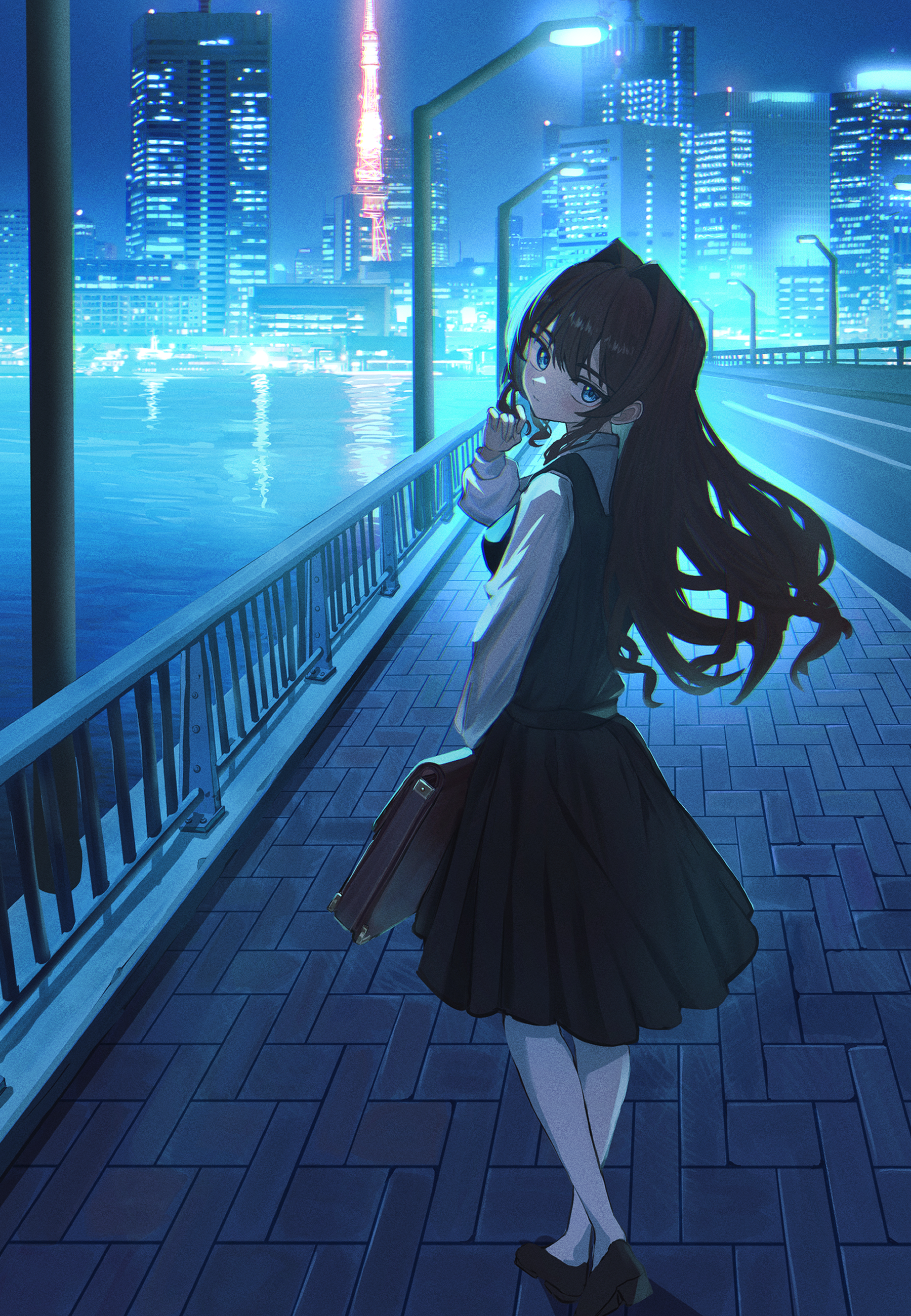 ky00, elisia valfelto, original, absurdres, commentary request, highres, 1girl, black shoes, black skirt, black vest, blue eyes, borrowed character, breasts, bridge, brown bag, brown hair, building, city, city lights, cityscape, closed mouth, collared shirt, crossed ankles, from behind, full body, hair intakes, hand up, holding, lamppost, long hair, long sleeves, looking at viewer, looking back, medium breasts, night, pantyhose, pleated skirt, river, road, shirt, shoes, skirt, sky, solo, standing, twirling hair, vest, water, white pantyhose, white shirt