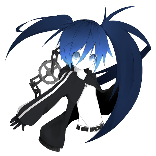 kashiwagi minamo, nanairo neru, black rock shooter (character), black rock shooter, bad id, bad pixiv id, 10s, 1girl, belt, blue eyes, blue hair, blue theme, female focus, flat chest, jacket, long hair, matching hair/eyes, midriff, monochrome, navel, pale skin, scar, solo, twintails, uneven twintails