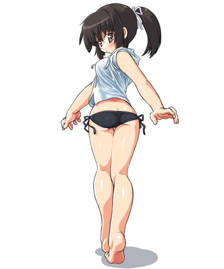 dd (ijigendd), original, bad id, bad pixiv id, 1girl, ass, barefoot, bikini, black bikini, black hair, brown eyes, butt crack, female focus, full body, looking back, ponytail, short hair, side-tie bikini bottom, simple background, solo, standing, swimsuit, white background