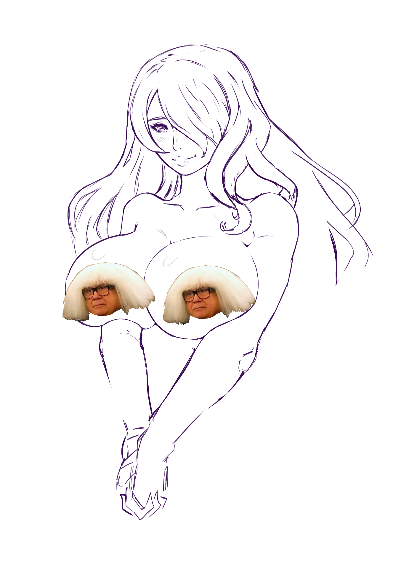 camilla (fire emblem), fire emblem, fire emblem fates, nintendo, unfinished, blush, breasts, censored, cleavage, hair over one eye, large breasts, long hair, nude, one eye covered, sketch, wavy hair