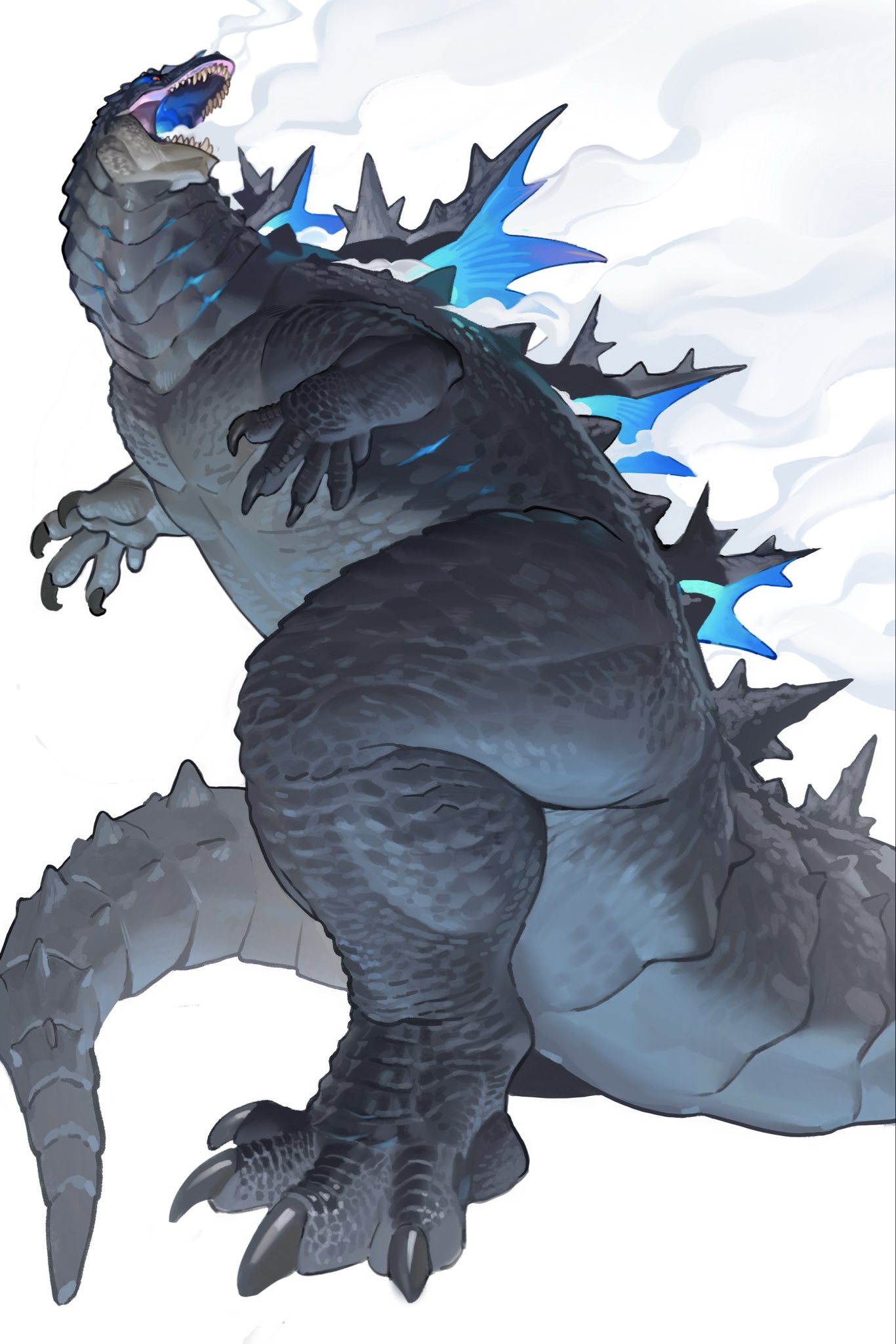 kamitoge supino, godzilla, godzilla (series), commentary, highres, claws, full body, giant, giant monster, kaiju, monster, monster focus, no humans, open mouth, scales, sharp teeth, simple background, smoke, smoke trail, solo, spines, standing, tail, teeth, white background