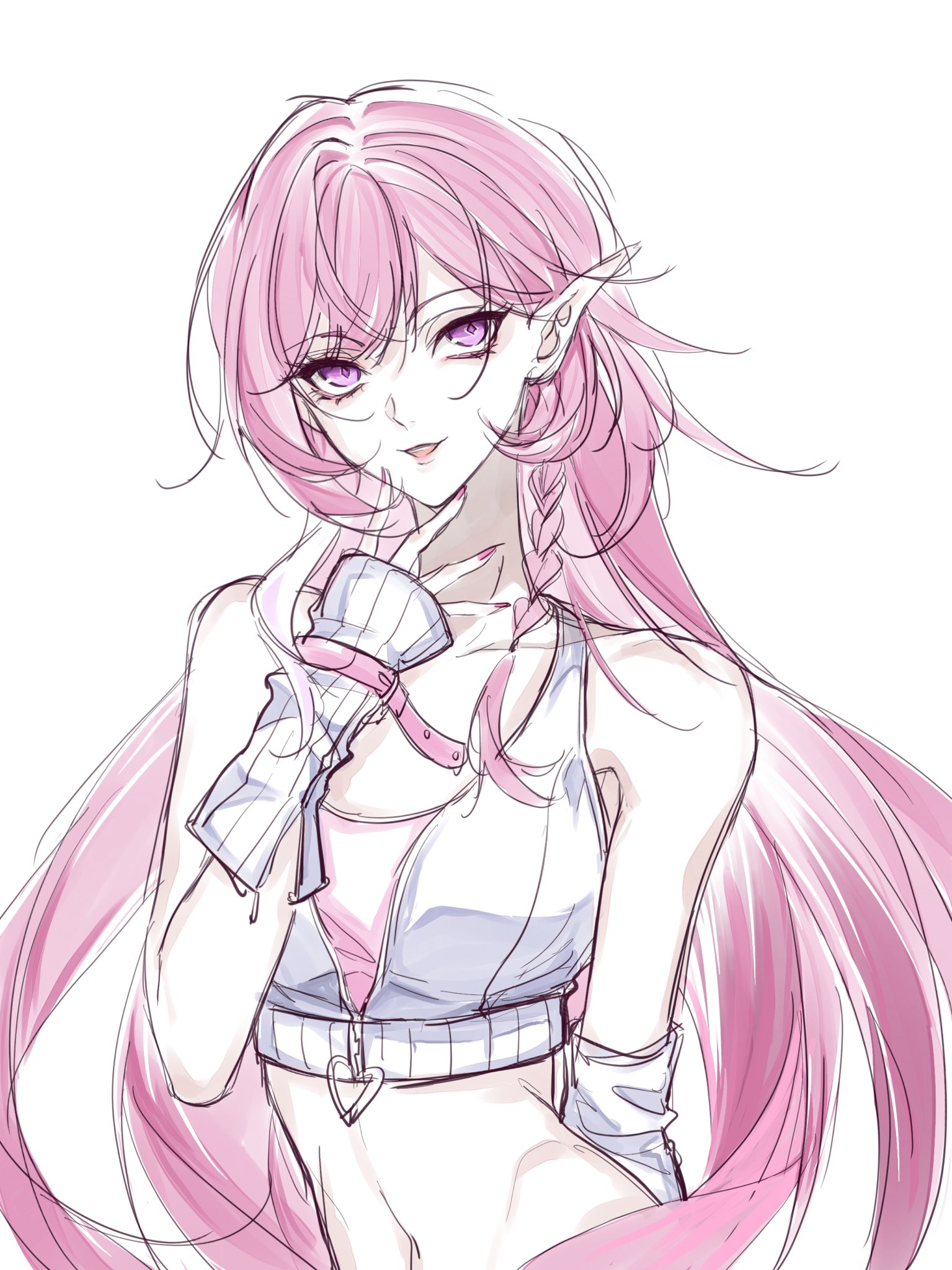 shiba xie18, cyrene (honkai: star rail), cyrene (ripples of past reverie) (honkai: star rail), honkai: star rail, honkai (series), hashtag-only commentary, highres, 1girl, arm warmers, bare shoulders, breasts, crop top, diamond-shaped pupils, diamond (shape), large breasts, long hair, medium hair, midriff, navel, official alternate costume, pink hair, pink nails, pointy ears, purple eyes, simple background, solo, symbol-shaped pupils, very long hair, white arm warmers, white background