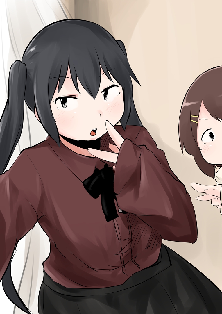 kirinama01, hirasawa yui, nakano azusa, k-on!, 2girls, black hair, black shirt, brown hair, hair ornament, hairclip, long sleeves, looking at viewer, multiple girls, open mouth, shirt, short hair, twintails, v, wide sleeves