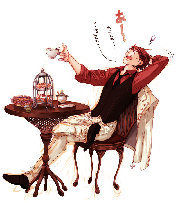 sen (rurekiro), ushiromiya battler, umineko no naku koro ni, bad id, bad pixiv id, translation request, 00s, 1boy, black necktie, black shoes, blouse, cake, collared shirt, cup, figure four sitting, food, formal clothes, full body, hair between eyes, jacket, male focus, necktie, pastry, red hair, red shirt, saucer, shirt, shoes, simple background, sitting, solo, table, tea, teacup, tiered serving stand, tiered tray, unworn jacket, vest, waistcoat, white background