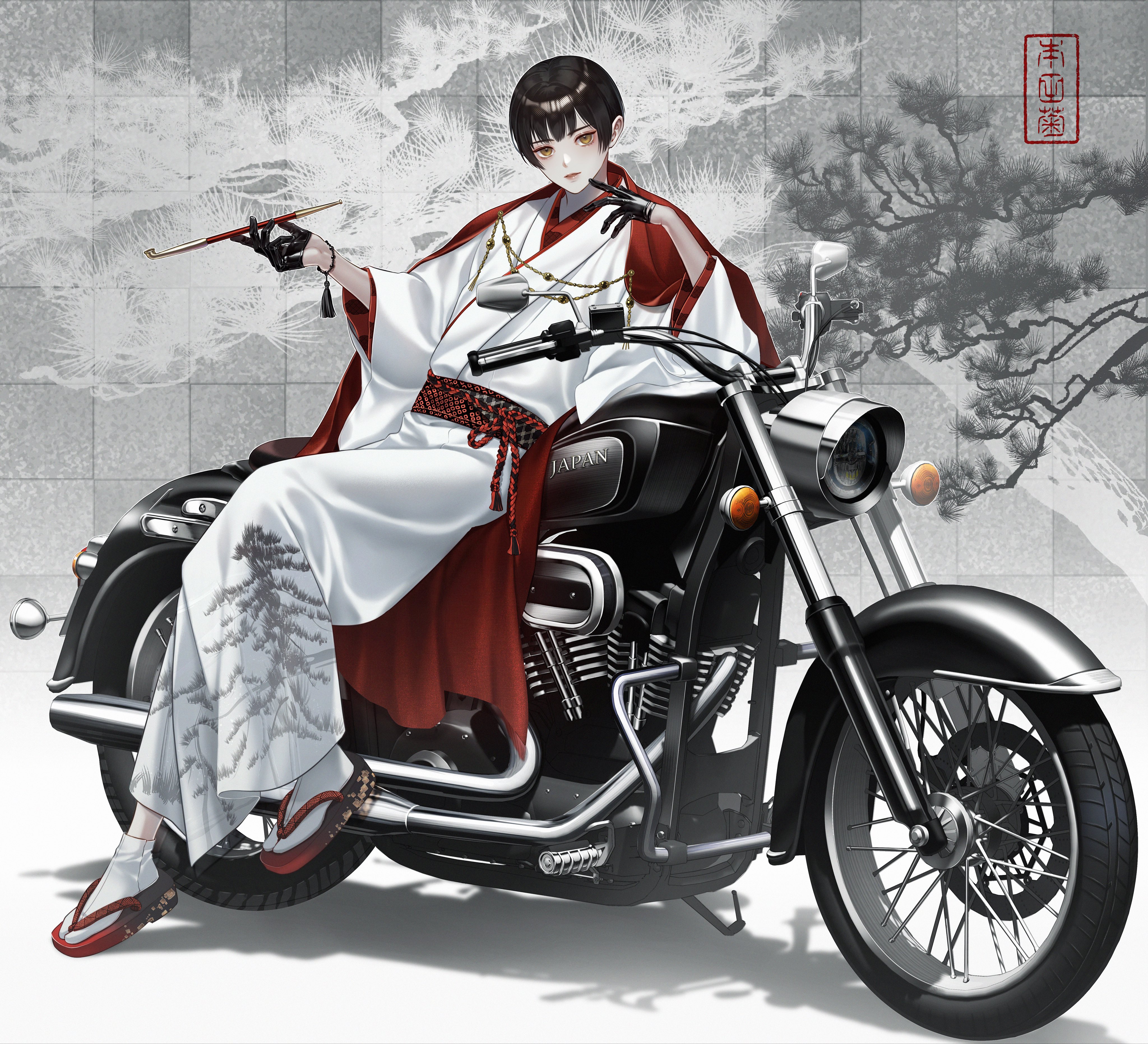 npyon, japan (hetalia), axis powers hetalia, absurdres, commentary, highres, symbol-only commentary, 1boy, bead bracelet, beads, black gloves, black hair, black slippers, bracelet, branch, cape, chain, checkered background, floral print, full body, gloves, gold chain, grey background, hands up, holding, holding smoking pipe, japanese clothes, jewelry, kimono, leather, leather gloves, lips, long sleeves, looking at viewer, male focus, motor vehicle, motorcycle, on motorcycle, open mouth, red cape, red sash, sash, shadow, short hair, sitting, slippers, smile, smoking pipe, solo, tassel, tree, white kimono, wide sleeves, yellow eyes