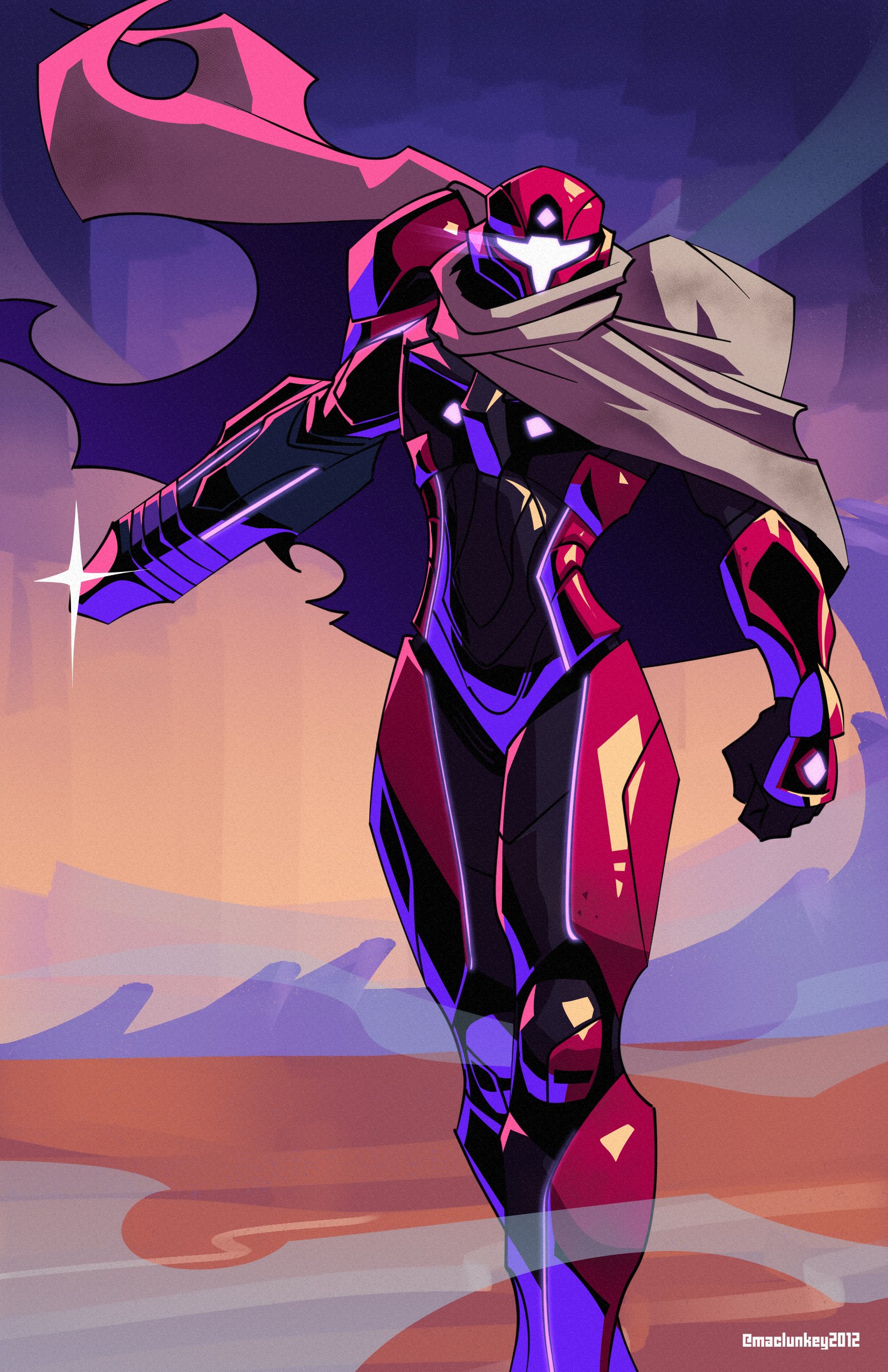 maclunkey2012, samus aran, metroid, metroid prime 4: beyond, nintendo, absurdres, highres, 1girl, arm cannon, armor, artist name, assault visor, cloak, desert, power armor, power suit (metroid), red armor, sparkle, two-tone armor, vi-o-la suit, weapon