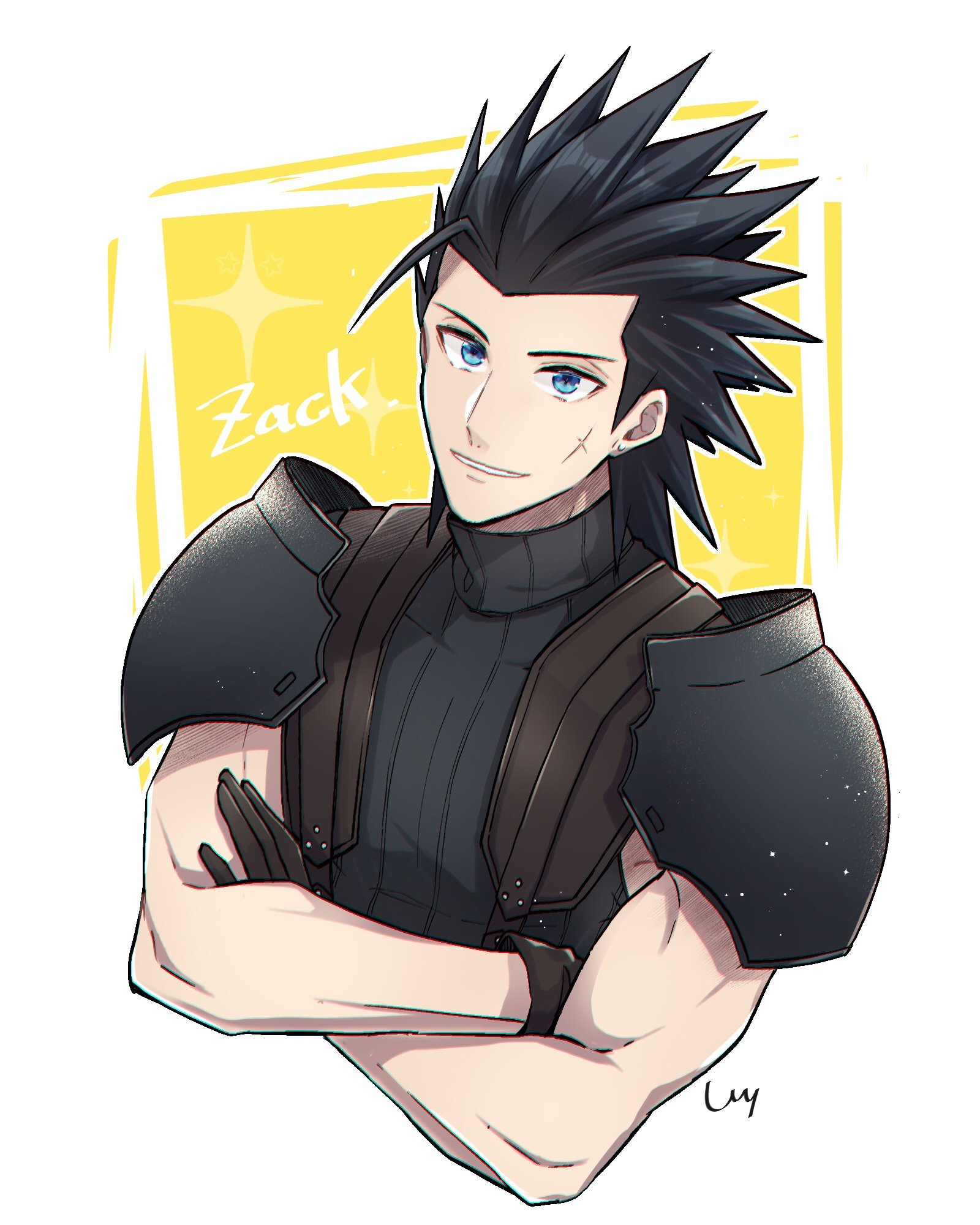 sin 3794, zack fair, crisis core: final fantasy vii, final fantasy, final fantasy vii, commentary request, highres, 1boy, armor, black gloves, black hair, blue eyes, blue sweater, character name, cropped torso, cross scar, crossed arms, earrings, facial scar, gloves, jewelry, looking at viewer, male focus, parted lips, scar, scar on cheek, scar on face, short hair, shoulder armor, signature, sleeveless, sleeveless turtleneck, smile, solo, sparkle, spiked hair, stud earrings, suspenders, sweater, turtleneck, turtleneck sweater, upper body