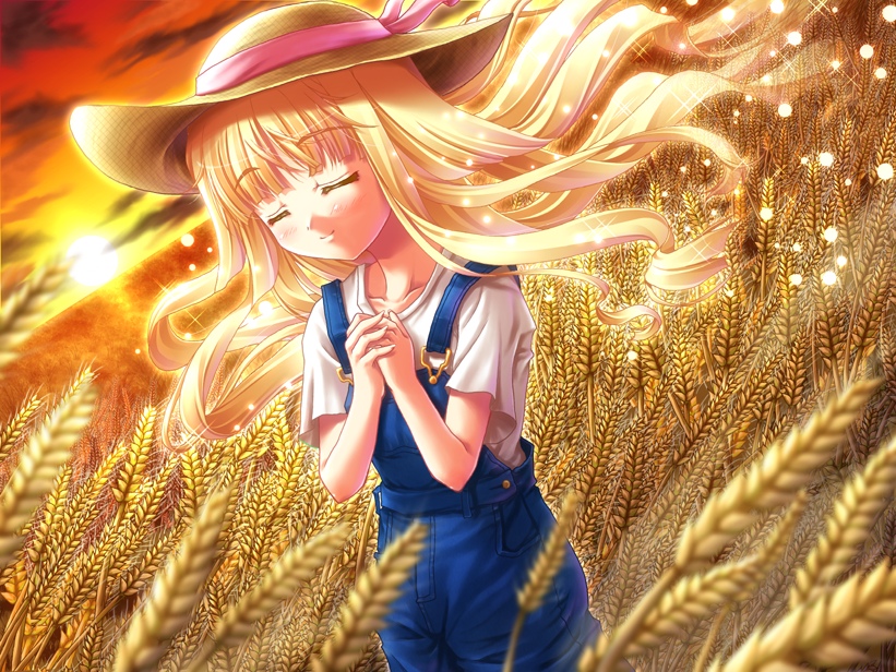 miyai sen, original, blonde hair, closed eyes, field, happy, hat, overalls, smile, solo, sunset, wheat, wind