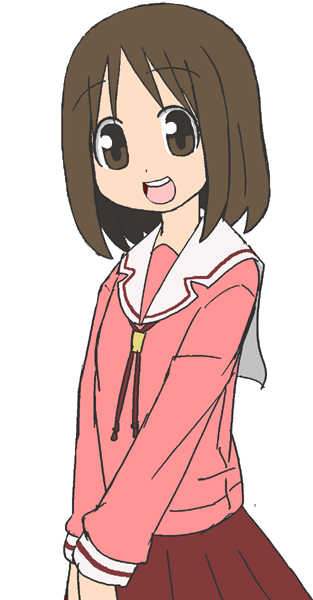 nemuro nao, kasuga ayumu, azumanga daiou, 1girl, brown eyes, brown hair, female focus, head tilt, long sleeves, looking at viewer, open mouth, parted bangs, pink shirt, red skirt, sailor collar, school uniform, serafuku, shirt, short hair, simple background, skirt, smile, solo, v arms, white background