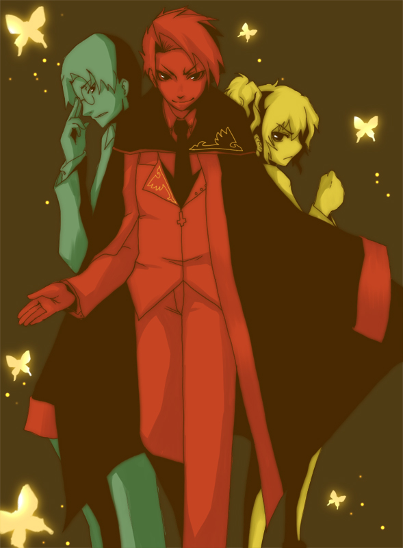 shinobe, ushiromiya battler, ushiromiya george, ushiromiya jessica, umineko no naku koro ni, bad id, bad pixiv id, spoilers, 00s, 1girl, 2boys, bug, butterfly, cloak, formal clothes, glasses, insect, multiple boys, necktie, smile, suit