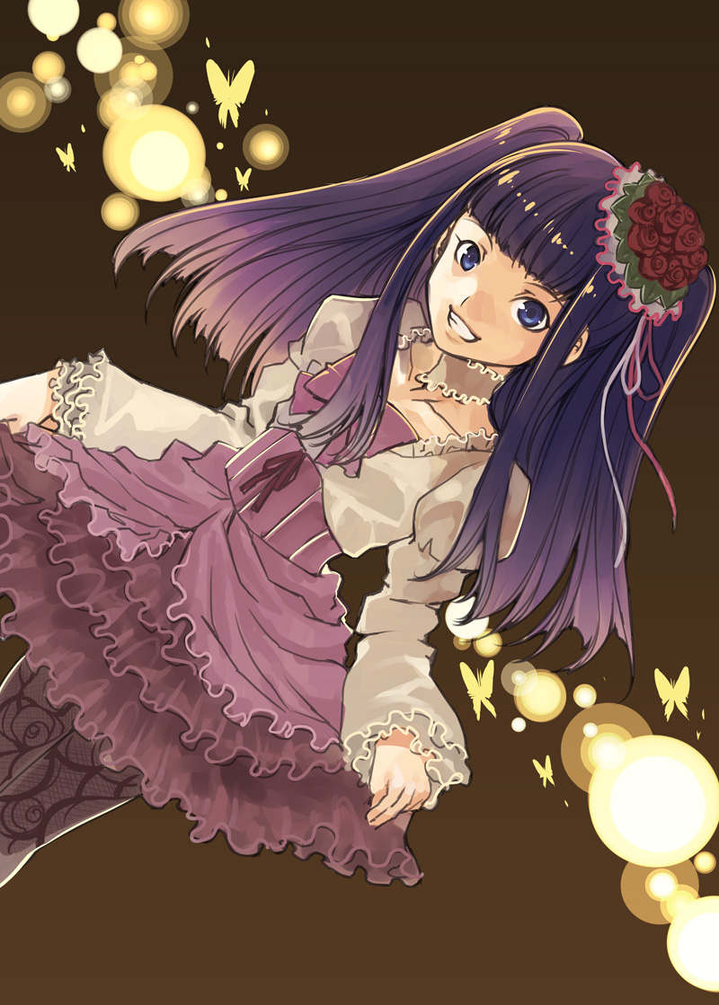 mizuryu kei, furudo erika, umineko no naku koro ni, 00s, 1girl, blue eyes, blue hair, blunt bangs, bow, bug, butterfly, choker, dress, dutch angle, female focus, frills, grin, hair ornament, hime cut, insect, lolita fashion, matching hair/eyes, pantyhose, pink bow, purple hair, skirt hold, smile, solo