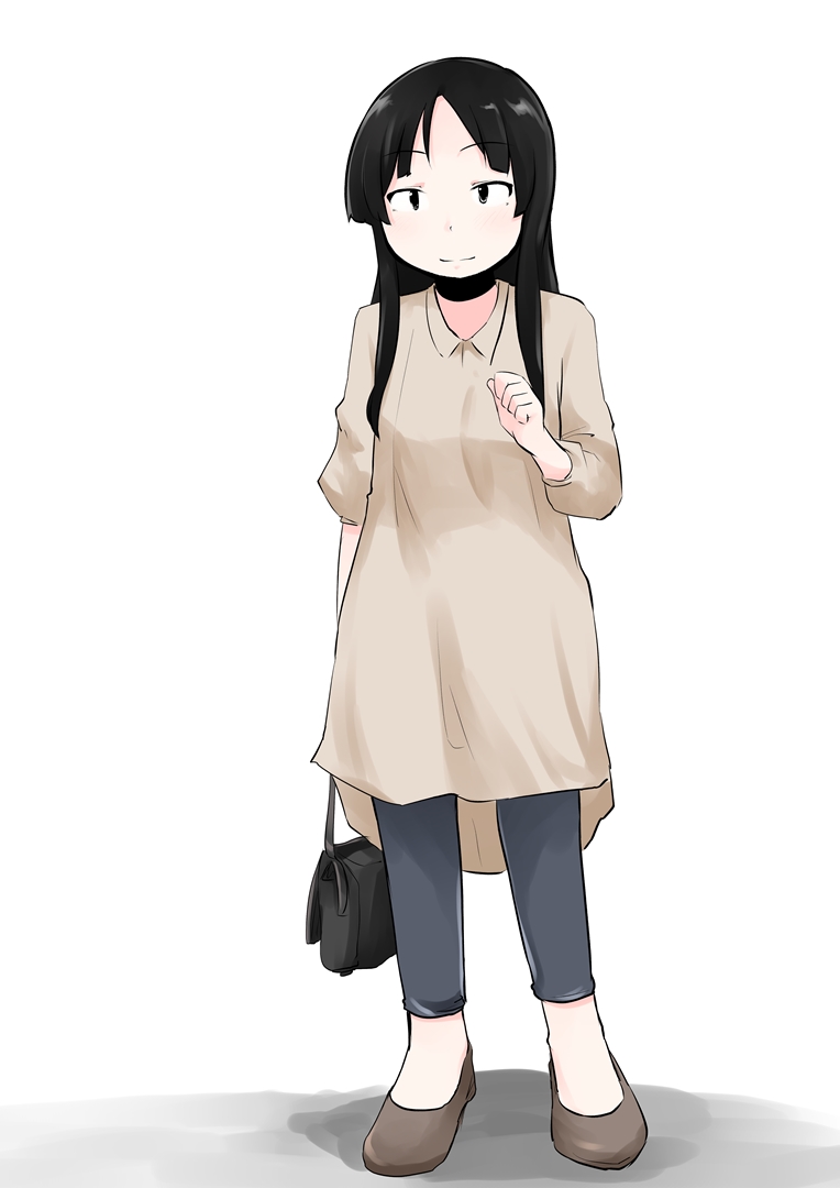 kirinama01, akiyama mio, k-on!, 1girl, bag, black hair, brown shirt, full body, handbag, long hair, looking at viewer, pants, shirt, shoes, standing, white background
