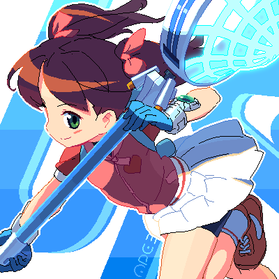 om (nk2007), sayaka (saru getchu), saru getchu, bad id, bad pixiv id, lowres, 1girl, bike shorts, bike shorts under skirt, blush, brown hair, female focus, gloves, green eyes, hair ribbon, hand net, heart, jacket, leg lift, net, oekaki, pixel art, ribbon, shoes, short hair, short twintails, shorts, shorts under skirt, skirt, smile, sneakers, socks, solo, twintails