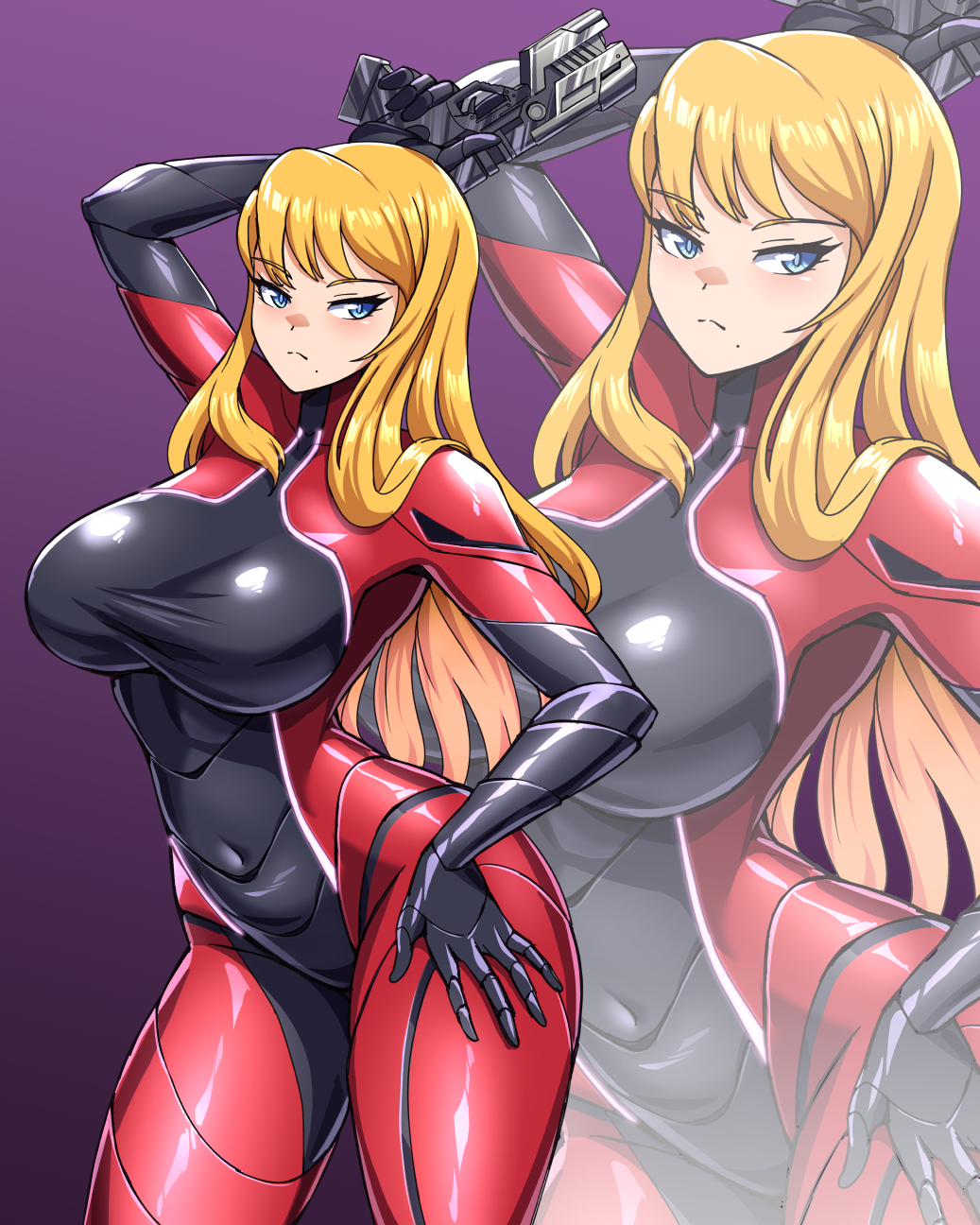 zuchysdraws, samus aran, metroid, metroid prime 4: beyond, nintendo, highres, 1girl, blonde hair, blue eyes, bodysuit, breasts, hair down, large breasts, long hair, mole, mole under mouth, neon trim, power suit (metroid), skin tight, solo, vi-o-la suit, zero suit