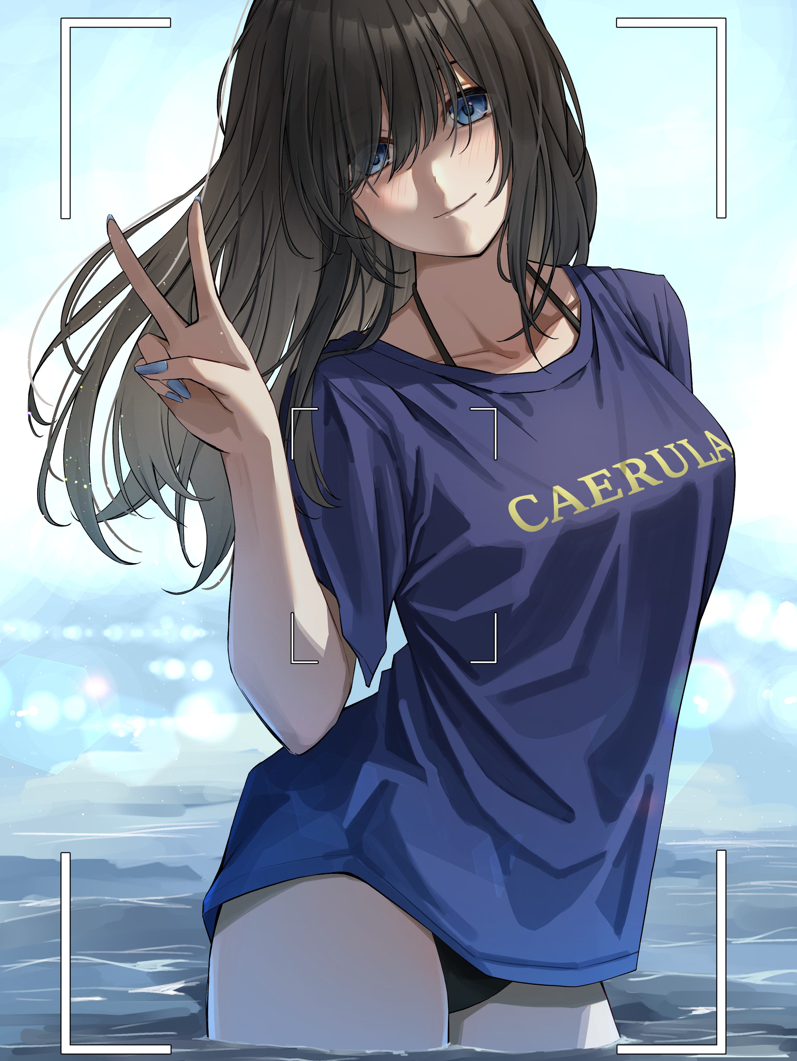 daiko (dai1974910), sagisawa fumika, idolmaster, idolmaster cinderella girls, absurdres, highres, 1girl, blue eyes, blue nails, blush, breasts, brown hair, closed mouth, clothes writing, collarbone, contrapposto, day, long hair, looking at viewer, medium breasts, nail polish, no pants, outdoors, purple shirt, shirt, smile, solo, swimsuit, swimsuit under clothes, v, viewfinder, wading, water