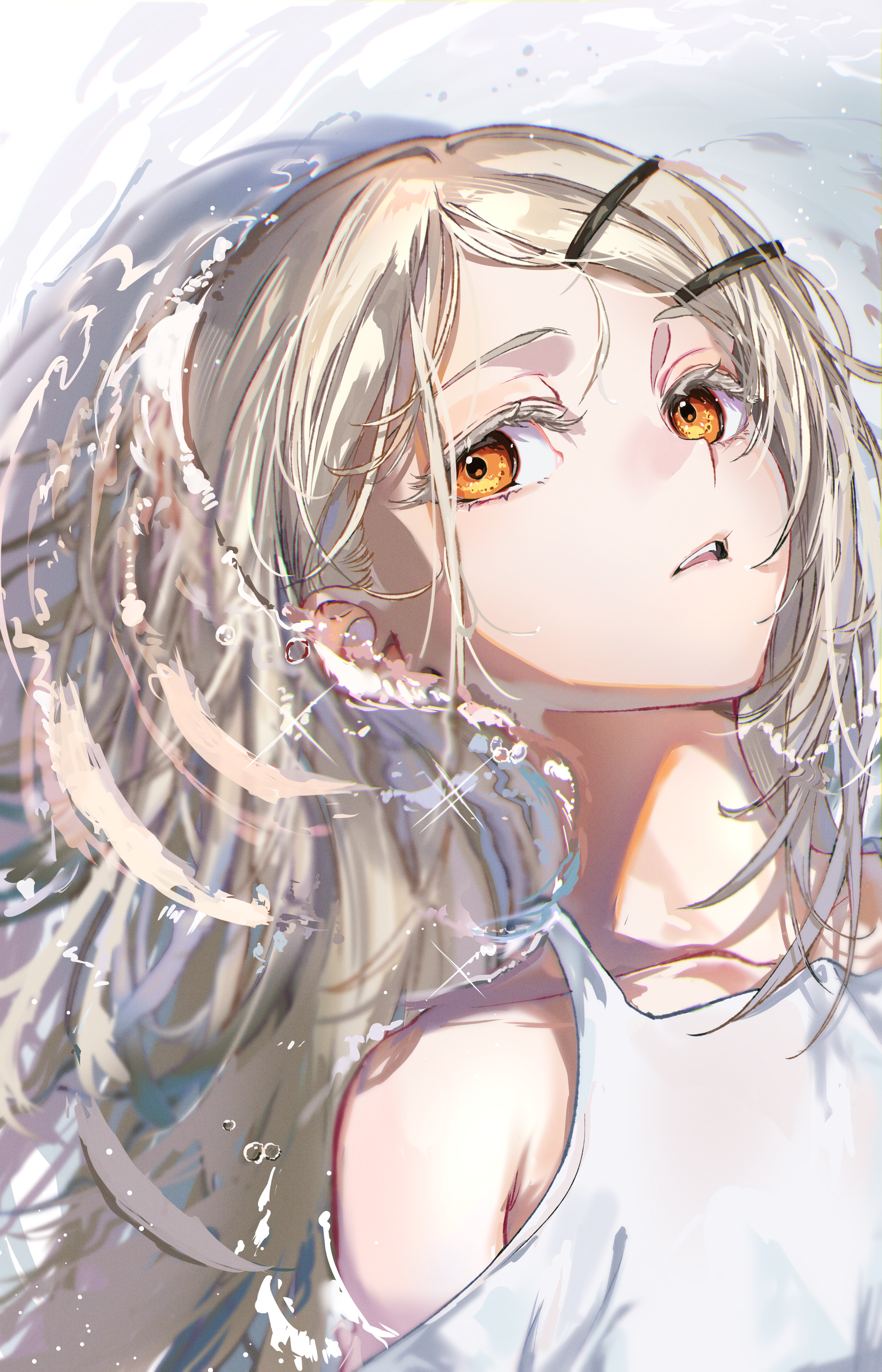 hanozuku, shinosawa hiro, gakuen idolmaster, idolmaster, absurdres, highres, 1girl, bare shoulders, blonde hair, clothing cutout, collarbone, hair ornament, hairclip, long hair, looking at viewer, open mouth, orange eyes, shallow water, shirt, shoulder cutout, solo, teeth, upper body, upper teeth only, water, white shirt