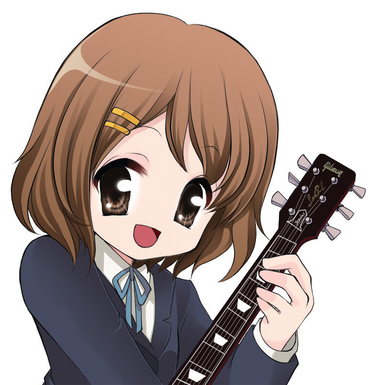 yoshii yumi, hirasawa yui, k-on!, bad id, bad pixiv id, 00s, brown eyes, brown hair, guitar, instrument, no nose, school uniform, short hair, solo