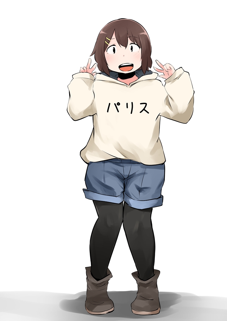 kirinama01, hirasawa yui, k-on!, 1girl, black pantyhose, boots, brown boots, brown hair, hair ornament, hairclip, hands up, hood, hood down, hoodie, long sleeves, pantyhose, short hair, shorts, solo, v, white hoodie