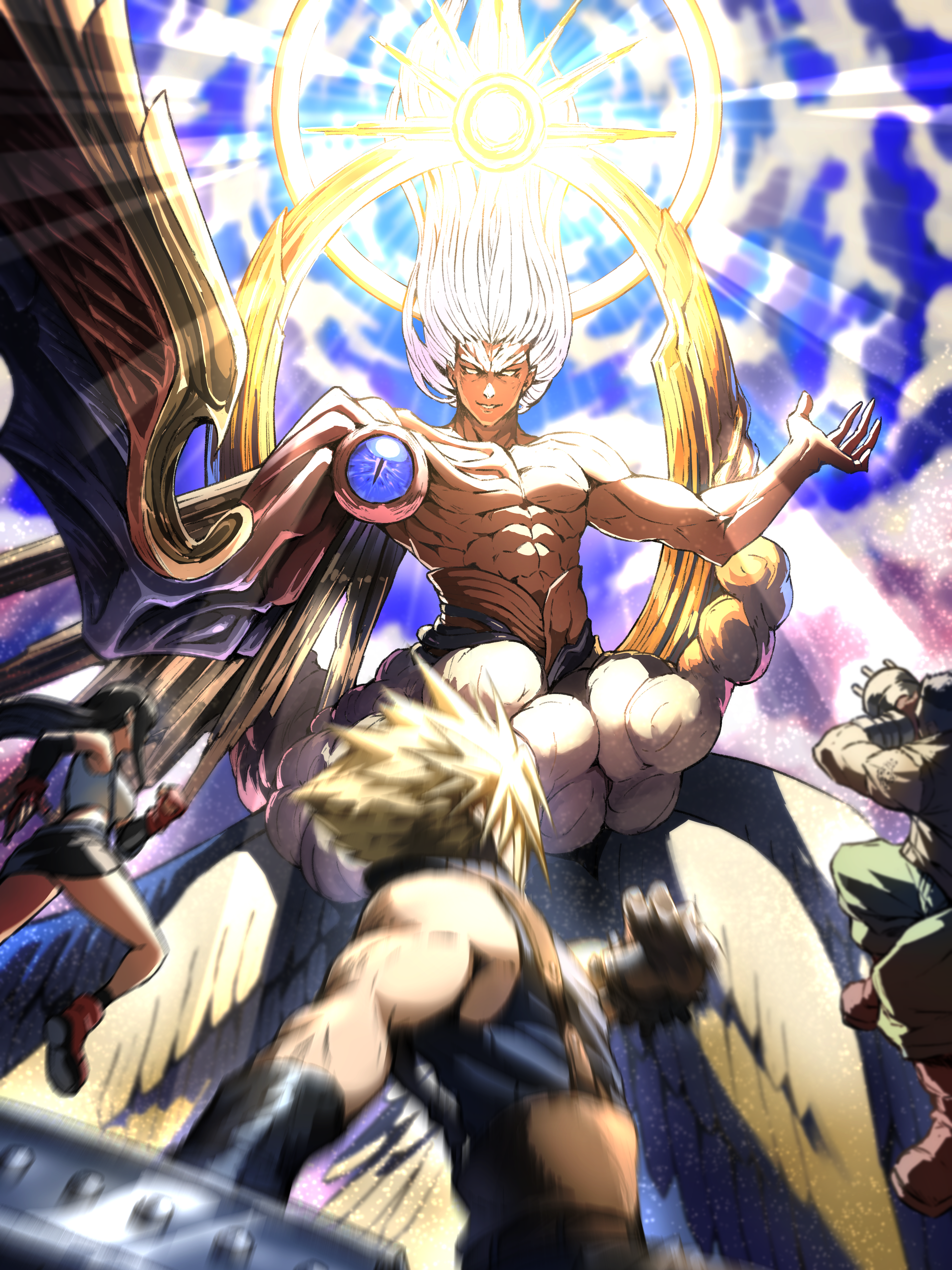 zupakyo, barret wallace, cloud strife, safer sephiroth, sephiroth, tifa lockhart, final fantasy, final fantasy vii, absurdres, commentary request, highres, spoilers, 1girl, 3boys, abs, aiming, alternate form, arm cannon, arm up, bare shoulders, battle, black shoes, black skirt, blank eyes, blonde hair, boots, boss fight, brown boots, buster sword, cloud, floating hair, gloves, green pants, halo, halo behind head, holding, holding sword, holding weapon, long hair, male focus, multiple boys, pants, pectorals, shoes, single wing, skirt, sky, suspenders, sword, topless male, weapon, white hair, wings