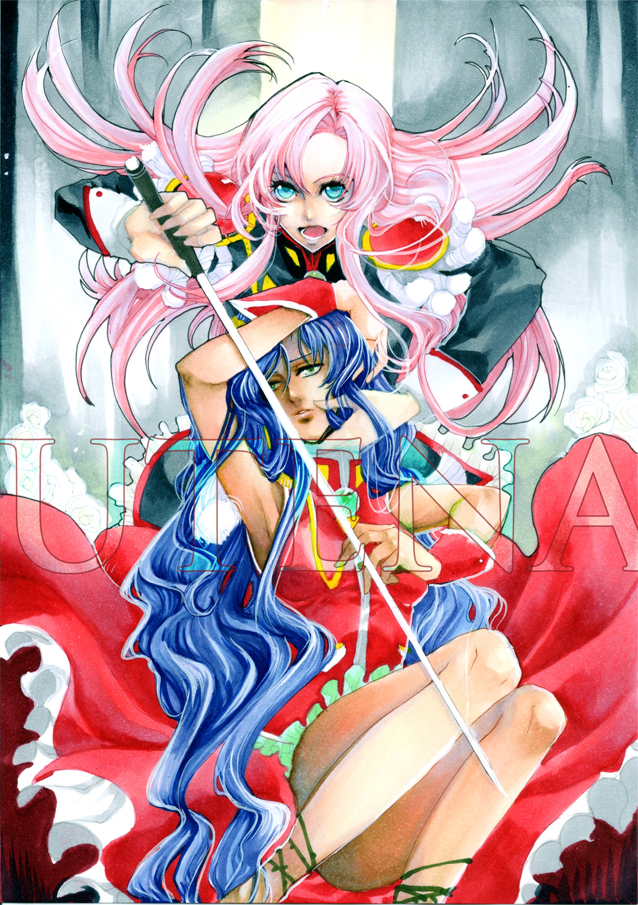 noppo, himemiya anthy, tenjou utena, shoujo kakumei utena, bad id, bad pixiv id, highres, 1990s (style), barefoot, dark-skinned female, dark skin, dress, flower, green eyes, long hair, pink hair, purple hair, rose, sword, weapon
