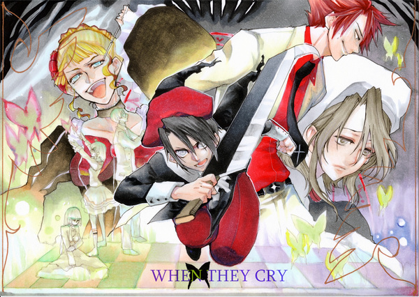 noppo, beatrice, kanon (umineko), ushiromiya battler, ushiromiya george, ushiromiya maria, ushiromiya rosa, umineko no naku koro ni, resized, beret, blonde hair, butterfly, cleaver, dress, hat, long hair, necktie, pixiv thumbnail, red hair, smile