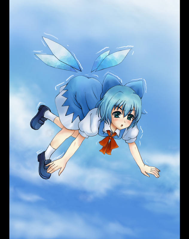 blue door, cirno, embodiment of scarlet devil, touhou, 1girl, blue eyes, blue hair, bow, female focus, flying, low wings, matching hair/eyes, short hair, solo, trembling, wings