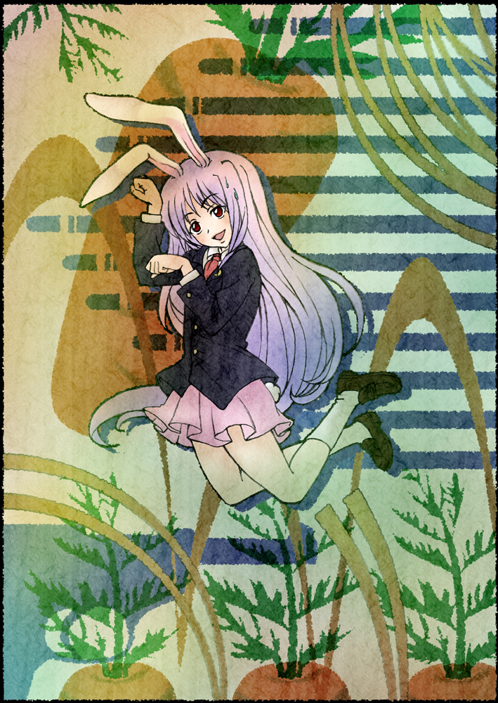 blue door, reisen udongein inaba, touhou, light purple hair, 1girl, animal ears, blazer, carrot, female focus, jacket, jumping, long hair, midair, necktie, paw pose, plant, pleated skirt, purple hair, rabbit ears, rabbit girl, rabbit tail, red eyes, skirt, solo, sweatdrop