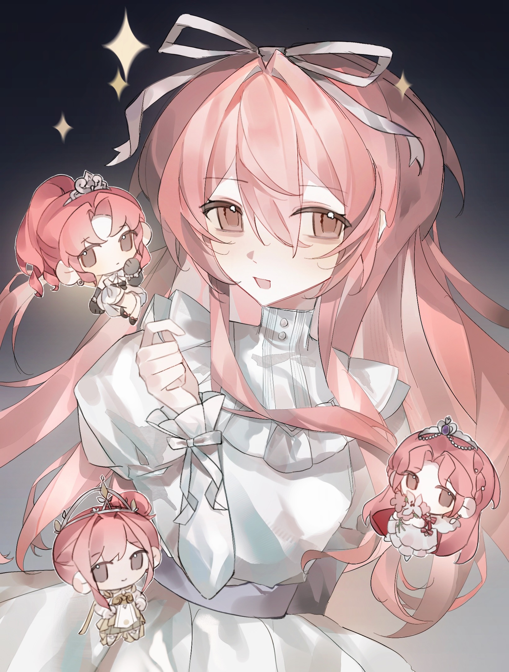 nikki (nikki), infinity nikki, miracle nikki, nikki (series), shining nikki, highres, 4girls, bead bracelet, beads, bib collar, black background, black boots, black gloves, boots, bouquet, bow, bracelet, braid, brown eyes, bubble skirt, cape, capelet, chibi, coattails, collar, covered mouth, cowboy shot, dress, elbow gloves, expressionless, flower, frilled collar, frilled sleeves, frills, gloves, gown, gradient background, grey background, grey sash, hair beads, hair between eyes, hair bun, hair intakes, hair ornament, hair ribbon, hands on own hips, happy, high ponytail, holding, holding bouquet, jewelry, juliet sleeves, large ribbon, light blush, long hair, long hair between eyes, long sidelocks, long sleeves, loose hair strand, melody bloom (infinity nikki), multiple girls, multiple views, open mouth, parted bangs, pink flower, pink hair, pleated dress, ponytail, puffy sleeves, red bow, red cape, ribbon, sash, shiyun86681, shoes, short dress, side braid, sidelocks, silky sweet dream (shining nikki), simple background, single braid, single side bun, skirt, sleeve bow, smile, sparkle, standing, striped bow, tiara, turtleneck, turtleneck dress, two-tone background, updo, very long hair, waist sash, when blossoms gather (miracle nikki), white arm warmers, white bow, white capelet, white dress, white flower, white ribbon, white shoes