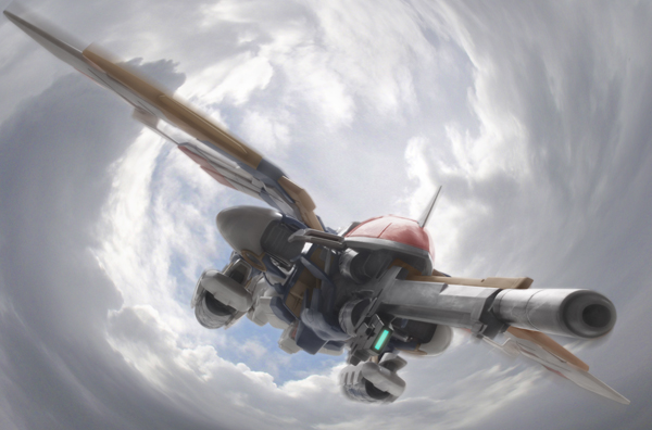 robographer, wing gundam, wing gundam version ka, gundam, gundam wing, gundam wing: endless waltz, gundam wing endless waltz: glory of the losers, 1990s (style), beam rifle, cloud, energy gun, flying, gun, mecha, no humans, outdoors, realistic, retro artstyle, robot, sky, solo, weapon