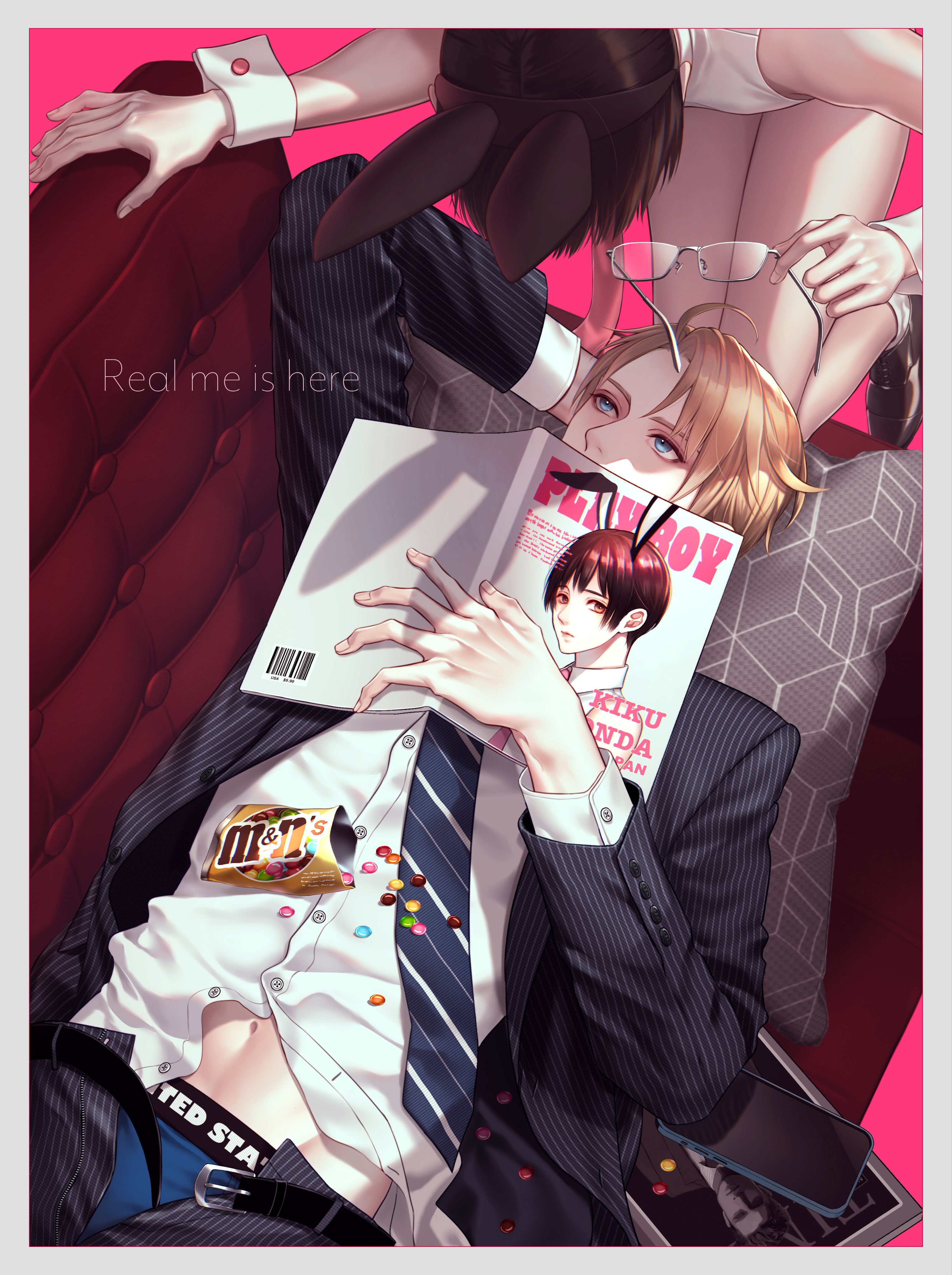 npyon, america (hetalia), japan (hetalia), axis powers hetalia, m&m's, absurdres, commentary request, highres, 2boys, animal ears, arm behind head, barcode, belt, black belt, black hair, black jacket, black pants, black shoes, blonde hair, blue eyes, blue male underwear, blue necktie, border, buttons, cellphone, couch, covered mouth, crossdressing, crossdressing (mtf), english text, fake animal ears, fingernails, formal clothes, glasses, grey-framed eyewear, hair between eyes, hand up, holding, holding magazine, holding removed eyewear, jacket, lapels, leotard, long sleeves, looking at another, looking up, lying, magazine (object), male focus, male underwear, multiple boys, navel, necktie, on back, on couch, open clothes, open jacket, open pants, pants, phone, pillow, pink background, playboy bunny, rabbit ears, shirt, shoes, short hair, simple background, smartphone, socks, strapless, strapless leotard, striped clothes, striped jacket, striped necktie, striped pants, suit, suit jacket, underwear, unworn eyewear, white border, white leotard, white shirt, white socks, wrist cuffs, yaoi