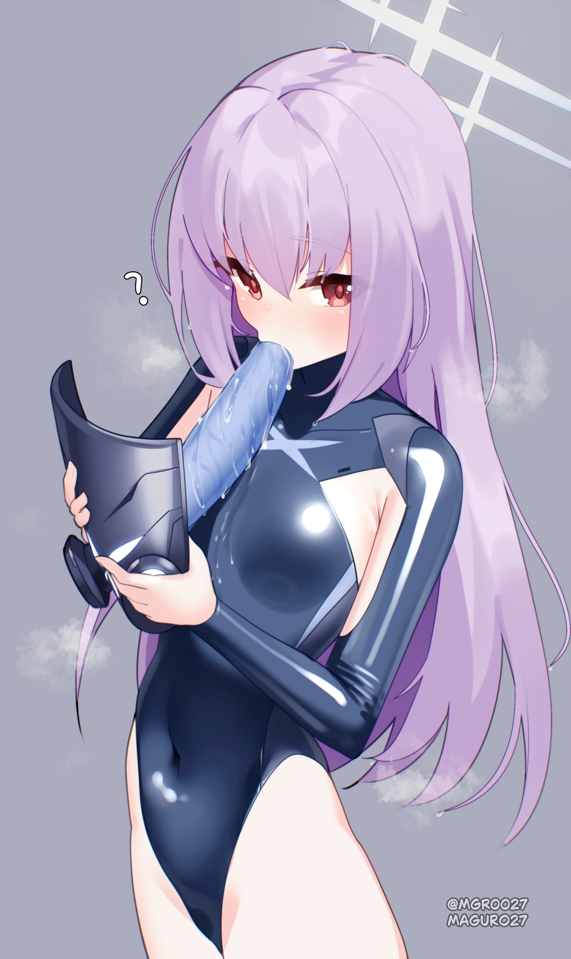 maguro27, blue archive, breasts, brown eyes, dildo under mask, gas mask, latex, latex leotard, leotard, liquid, long hair, mask, purple hair, small breasts