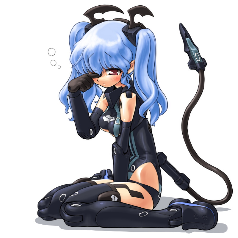 dd (ijigendd), valona, busou shinki, bad id, bad pixiv id, 10s, 1girl, bare shoulders, between legs, black boots, black gloves, black thighhighs, blue hair, blush, boots, breasts, cable, cable tail, clothes writing, clothing cutout, doll joints, elbow gloves, expressionless, female focus, finger to face, from side, gloves, hand between legs, headgear, highleg, highleg leotard, joints, leotard, long hair, looking down, mechanical tail, purple eyes, red eyes, shadow, short hair, sitting, sleepy, small breasts, solo, tail, thigh boots, thighhighs, twintails, underboob, underboob cutout, wariza, wavy hair