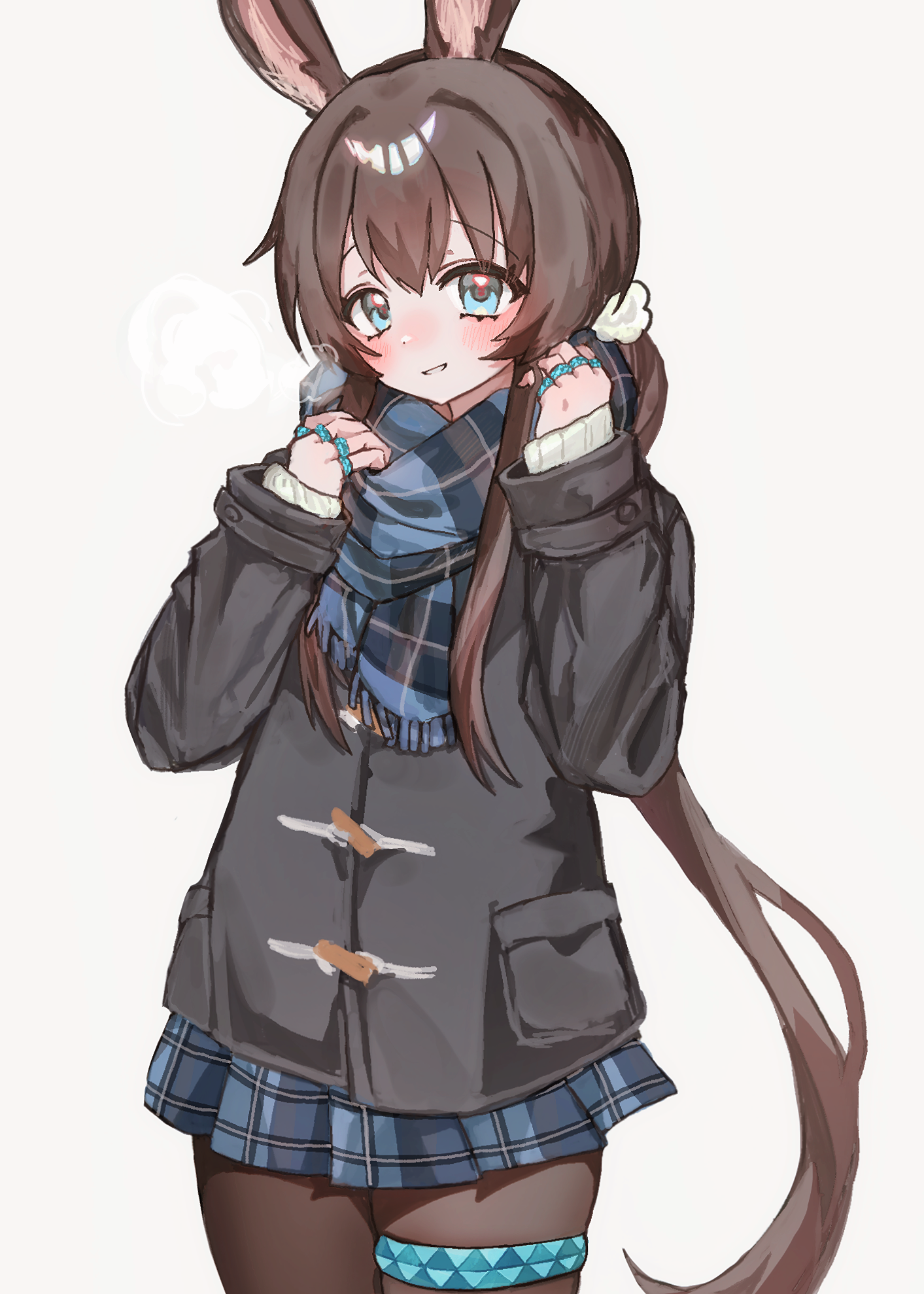 morita (pixiv31883607), amiya (arknights), arknights, highres, 1girl, adjusting clothes, alternate costume, animal ears, black coat, blue eyes, blue scarf, blue skirt, blush, brown hair, brown pantyhose, casual, coat, duffel coat, jewelry, long hair, long sleeves, looking at viewer, miniskirt, multiple rings, pantyhose, parted lips, plaid clothes, plaid skirt, pleated skirt, ponytail, rabbit ears, rabbit girl, ring, scarf, simple background, skirt, smile, solo, thighlet, very long hair, white background