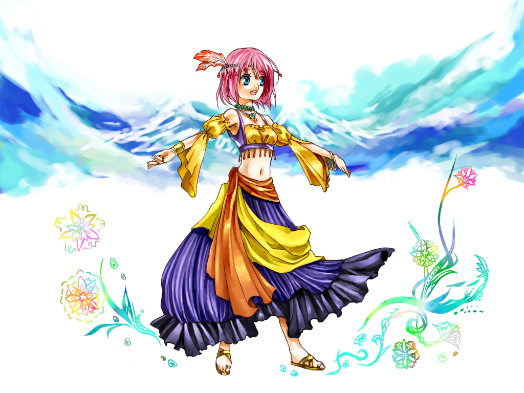 hinomiya riyu, heroine (dq9), dragon quest, dragon quest ix, level-5, bad id, bad pixiv id, blue eyes, bracelet, detached sleeves, dress, feathers, flower, headband, jewelry, midriff, necklace, open mouth, pink hair, ring, sandals, short hair, solo