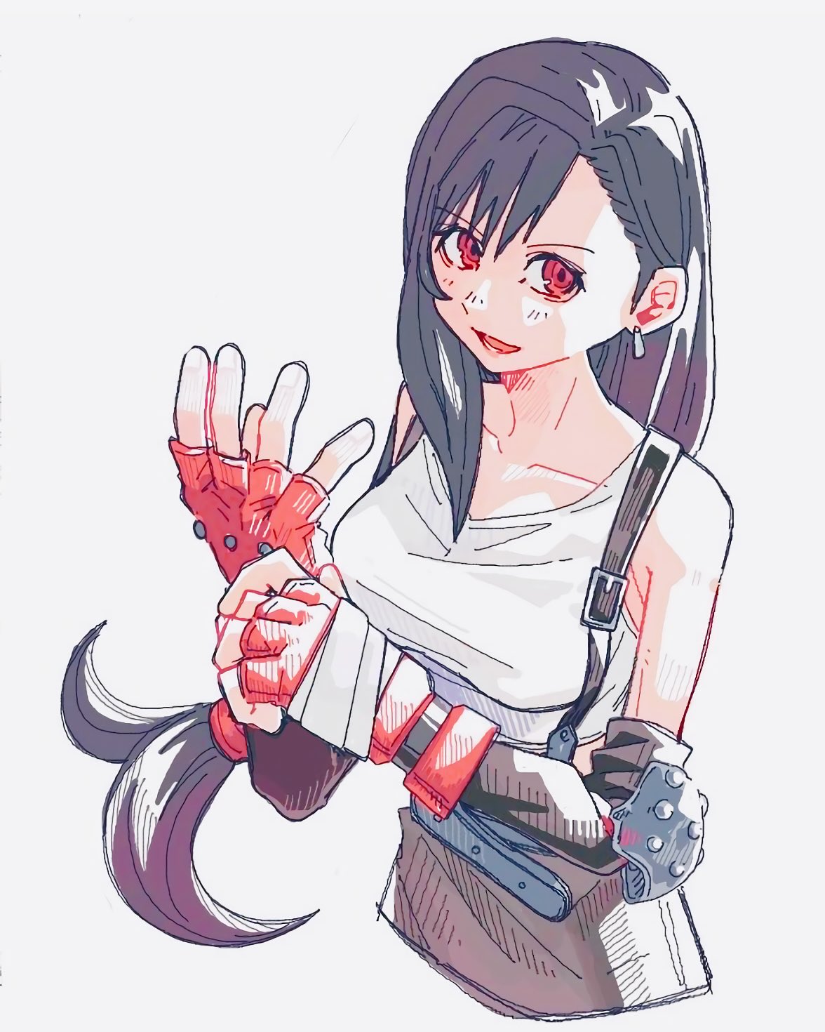tifa lockhart, final fantasy, final fantasy vii, commentary, highres, 1girl, 3h00th1ng3tar, adjusting clothes, adjusting gloves, bandaged hand, bandages, bare shoulders, belt, black hair, black skirt, black sleeves, breasts, collarbone, cowboy shot, crop top, detached sleeves, earrings, elbow pads, fingerless gloves, gloves, grey background, hair behind ear, jewelry, long hair, looking at viewer, low-tied long hair, medium breasts, open mouth, red eyes, red gloves, single earring, single elbow pad, single sidelock, skirt, solo, suspender skirt, suspenders, tank top, white tank top