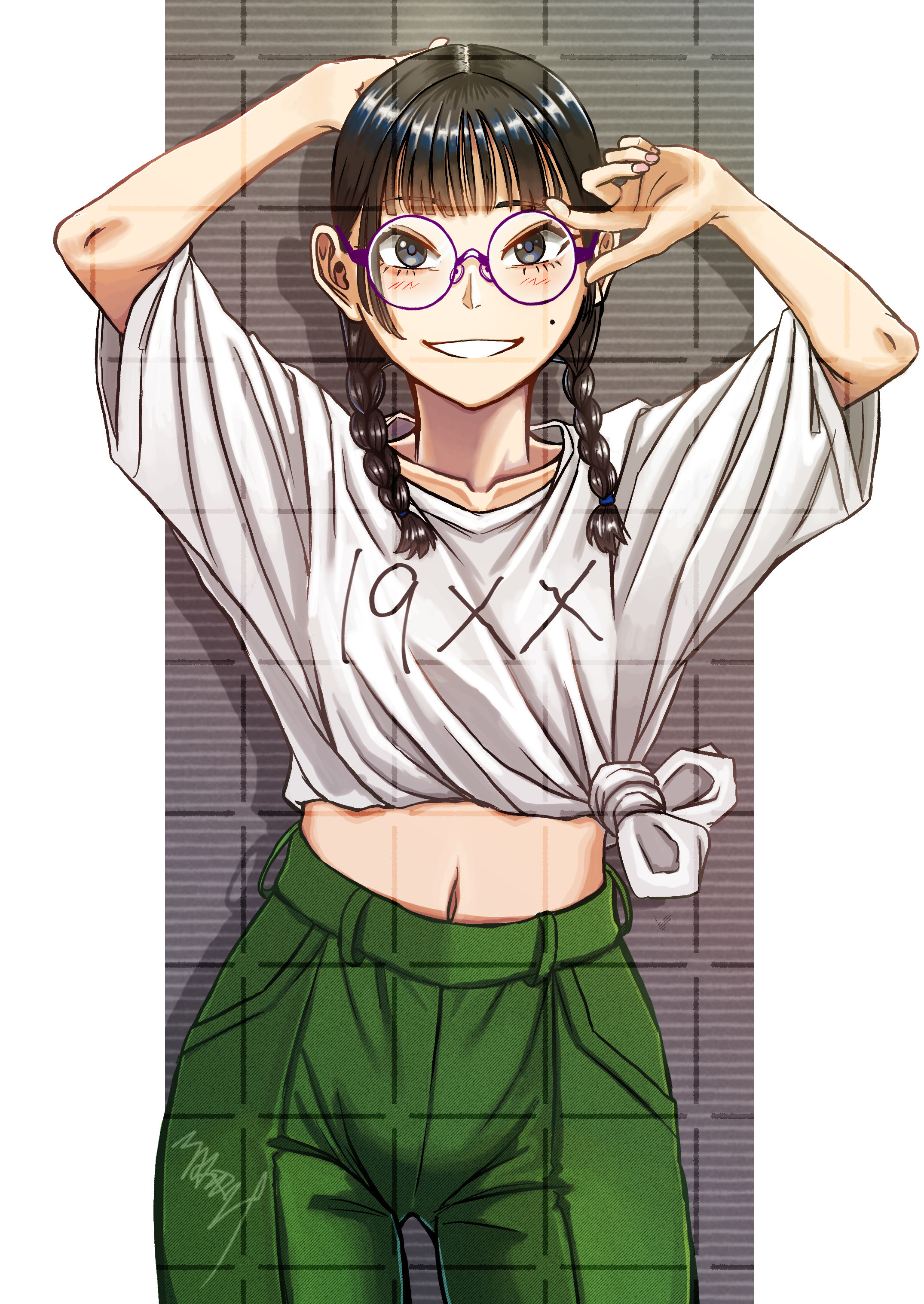 original, absurdres, highres, 1girl, arms up, black hair, blunt bangs, braid, glasses, green pants, grey background, looking at viewer, matanukisuna, midriff, mole, navel, pants, shirt, smile, standing, tied shirt, twin braids, twintails, white shirt