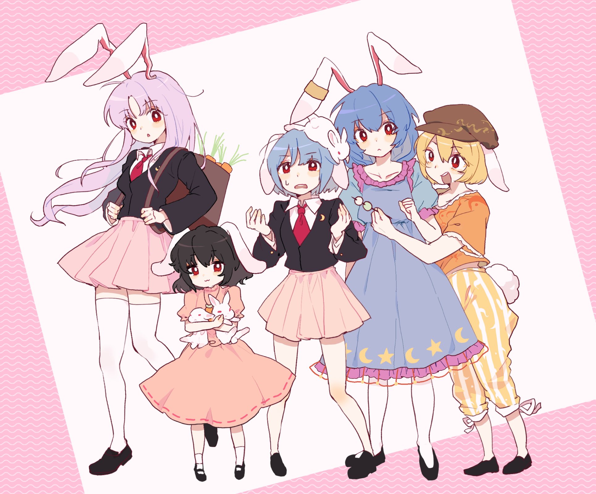 seiryo0425, inaba tewi, reisen (touhou bougetsushou), reisen udongein inaba, ringo (touhou), seiran (touhou), touhou, commentary, highres, symbol-only commentary, 5girls, animal, animal ears, animal hug, animal on head, bamboo, bamboo forest, black hair, black jacket, blazer, blonde hair, blue dress, blue hair, blush, brown hat, carrot necklace, closed mouth, collarbone, collared shirt, crescent, crescent pin, crescent print, dress, earclip, flat cap, floppy ears, forest, hat, height difference, holding, holding skewer, jacket, jewelry, long hair, long sleeves, looking at viewer, multiple girls, nature, necklace, necktie, on head, open mouth, orange shirt, pants, pink dress, pink skirt, pleated skirt, print dress, puffy short sleeves, puffy sleeves, purple hair, rabbit, rabbit ears, rabbit girl, rabbit tail, red eyes, red necktie, shirt, short hair, short sleeves, skewer, skirt, smile, socks, star (symbol), star print, striped clothes, striped pants, sweatdrop, tail, thighhighs, vertical-striped clothes, vertical-striped pants, very long hair, white shirt, white socks, white thighhighs, yellow pants