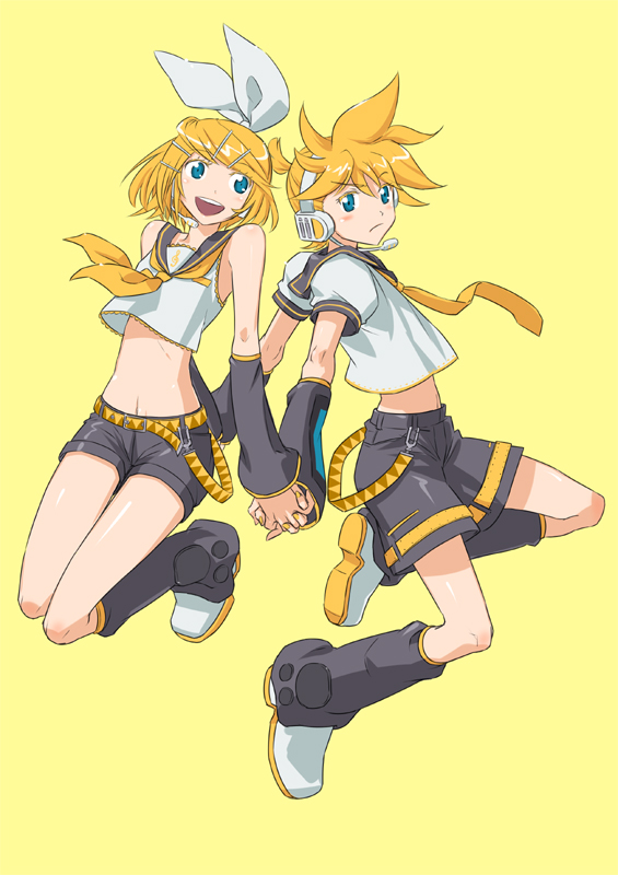 shiitake urimo, kagamine len, kagamine rin, vocaloid, bad id, bad pixiv id, 1boy, 1girl, bare shoulders, belt, blonde hair, blue eyes, brother and sister, crop top, crop top overhang, headset, hetero, holding hands, midriff, navel, shiny skin, shorts, siblings, thigh gap, twins
