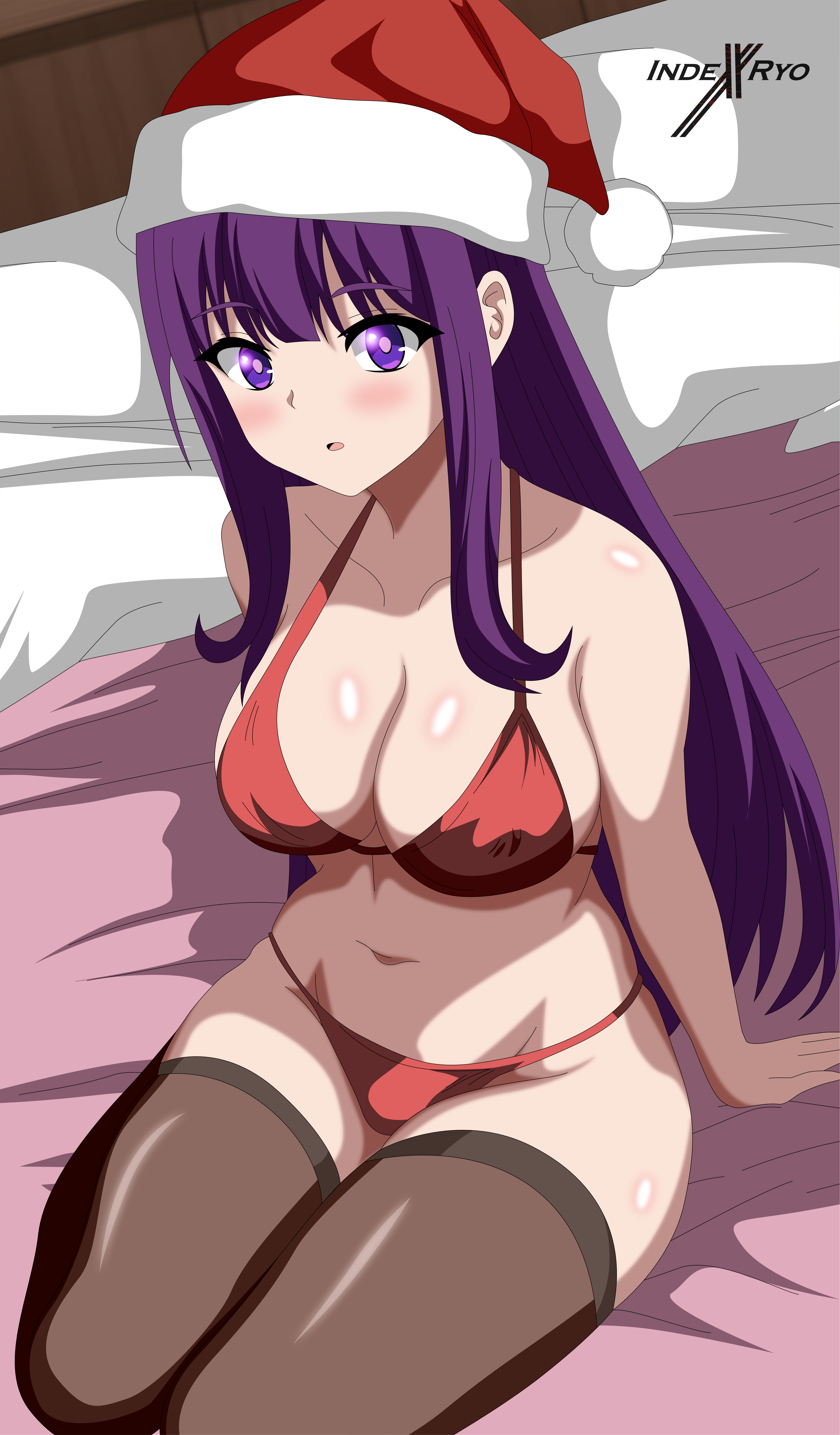 indexxryo, fern (sousou no frieren), sousou no frieren, absurdres, commentary, english commentary, highres, 1girl, bare shoulders, bikini, black thighhighs, blush, breasts, embarrassed, hat, indoors, large breasts, long hair, looking at viewer, navel, purple eyes, purple hair, red bikini, santa bikini, santa costume, santa hat, seiza, sitting, solo, swimsuit, thighhighs