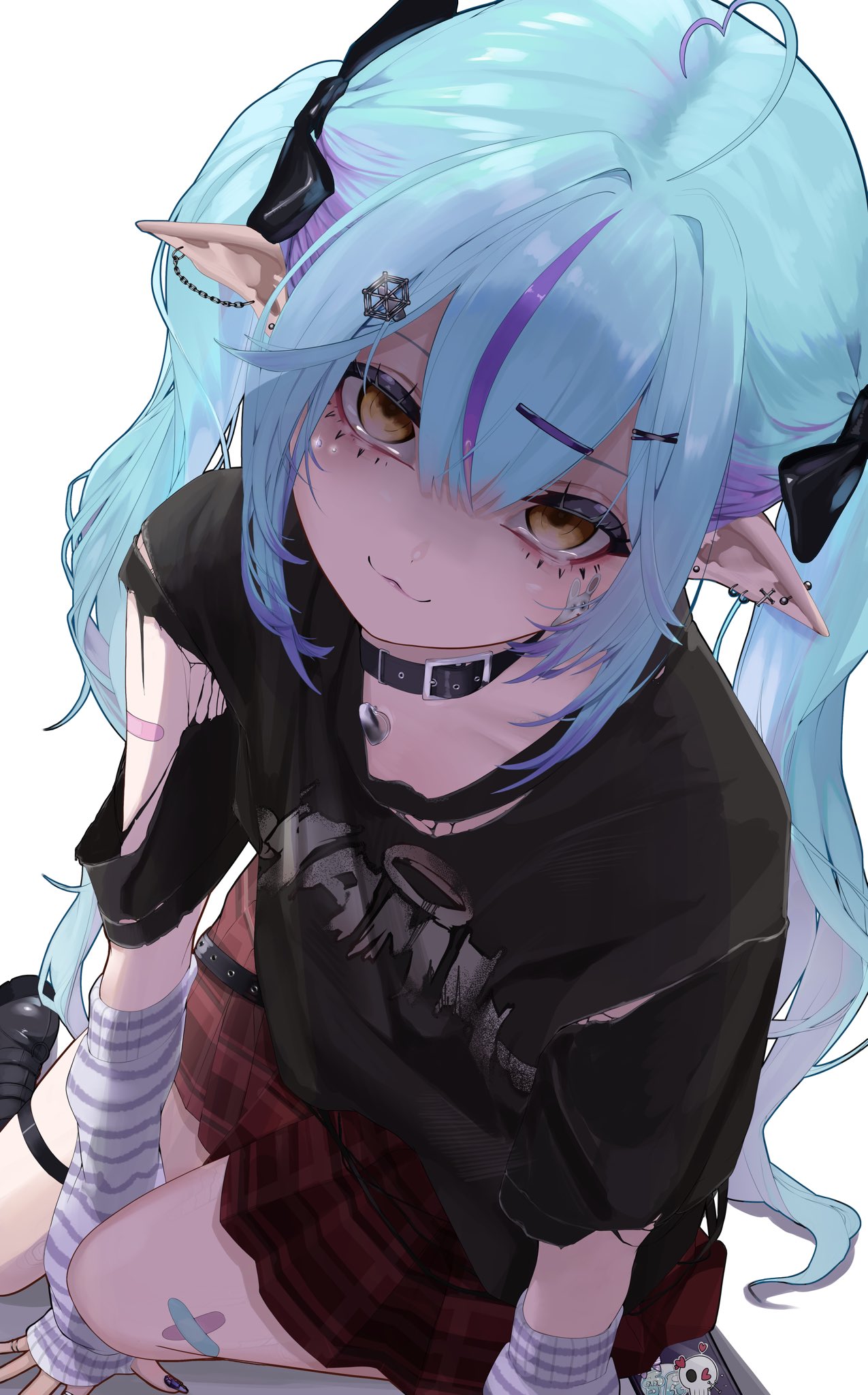 edge ill, yukihana lamy, hololive, commentary request, highres, variant set, 1girl, :3, ahoge, alternate costume, bandaid, bandaid on arm, bandaid on leg, black choker, black shirt, blue hair, choker, closed mouth, double-parted bangs, ear piercing, grey arm warmers, hair between eyes, hair ornament, heart, heart ahoge, long hair, looking at viewer, miniskirt, multicolored hair, piercing, pointy ears, purple streaks, red skirt, shaded face, shirt, simple background, skirt, smile, solo, streaked hair, striped arm warmers, torn clothes, torn shirt, virtual youtuber, white background, yellow eyes